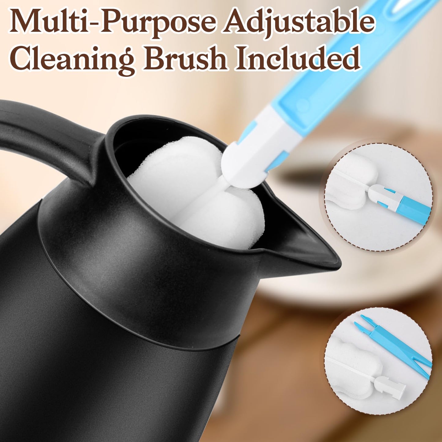 Essenya 2 PCS 68 OZ Thermal Coffee Carafe, Insulated Stainless Steel Coffee Carafe Double Walled Vacuum Thermal Pot Flask with Brushes for Keeping Hot Coffee Tea Home and Office (Black)