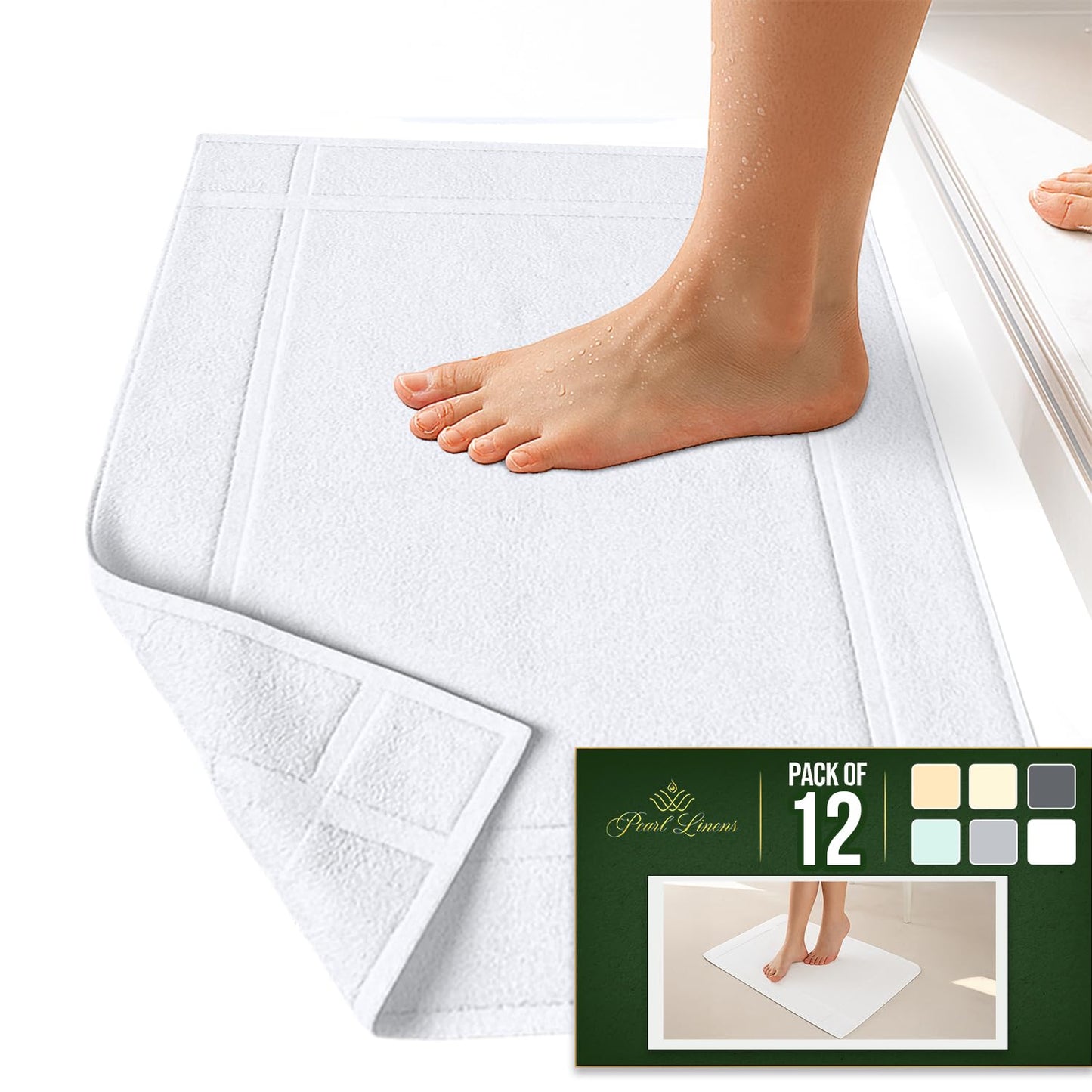 Pearl Linens Pack of 12 100% Cotton Bath Mat 20x30 inches, Soft & Absorbent Quick Dry Bathroom Mat Set, Not Bathroom Rugs, After Shower Mat, Bath Tub Mat, 687 GSM, Machine Washable, White