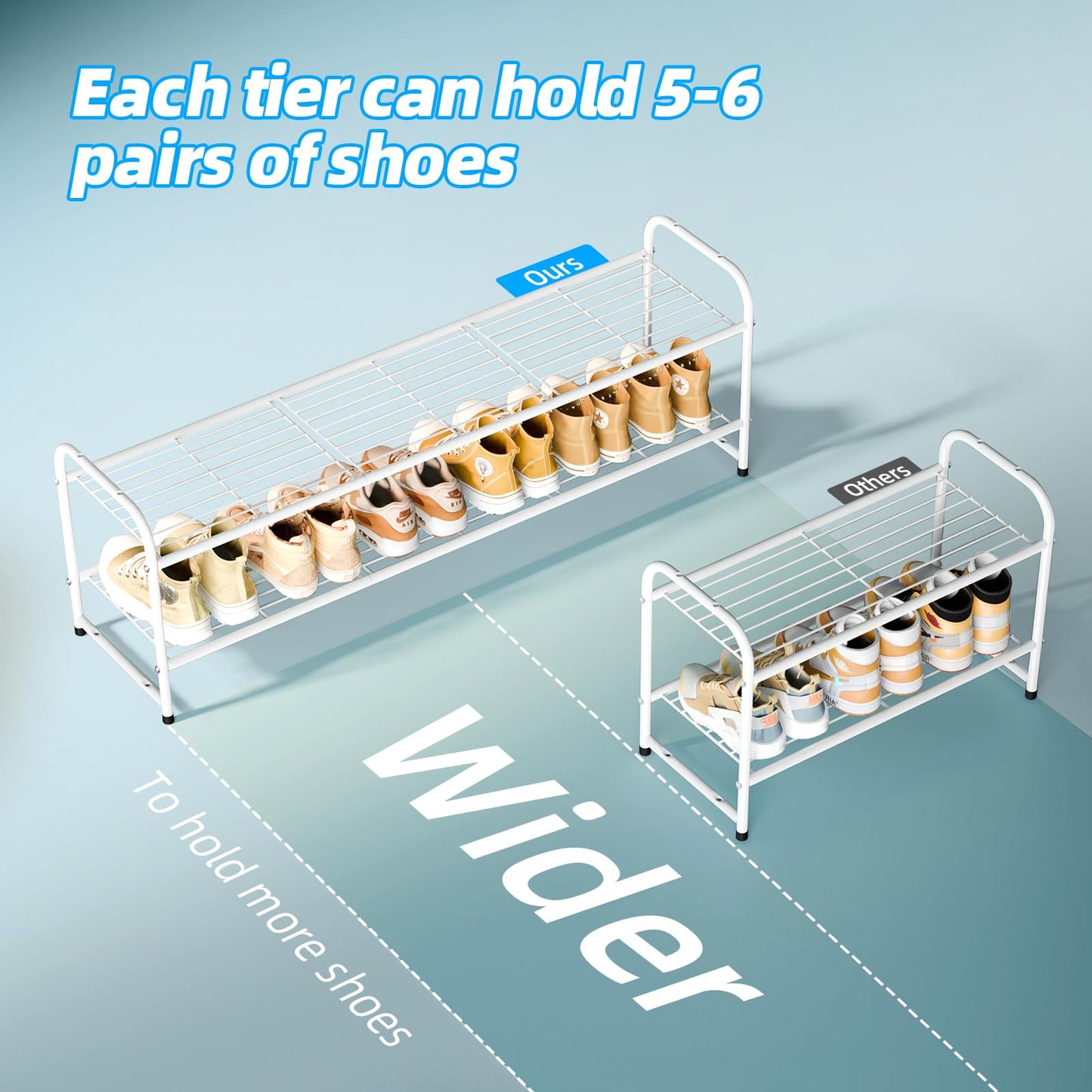 MWQ Shoe Rack for Closet, 2 Tier 44 Inch Extra Wide Shoe Storage Organizer for Shelves, Heavy Duty Metal, Easy Assembly, White