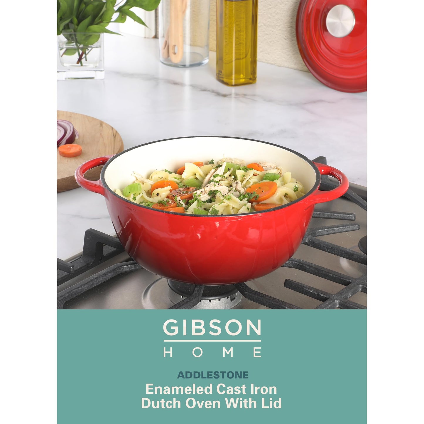 Gibson Home Addlestone 2.65 Quart Round Enamel Cast Iron Dutch Oven Pot With Lid & Dual Handles - Gradient Red