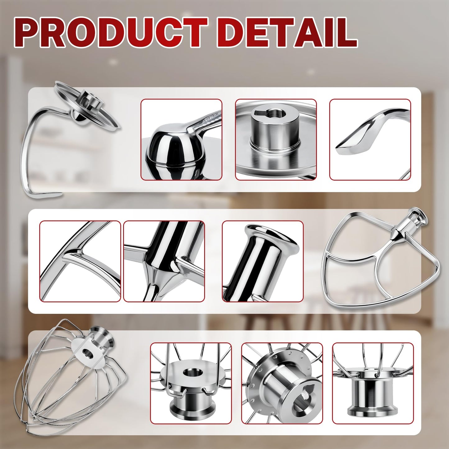Stainless Steel Attachments 3 Piece Set for KitchenAid 4.5-5 Quart Tilt Head Stand Mixer, Includes K45B Flat Beater, K45DH Dough Hook and K45WW Wire Whip, Dishwasher Safe and Heavy Duty