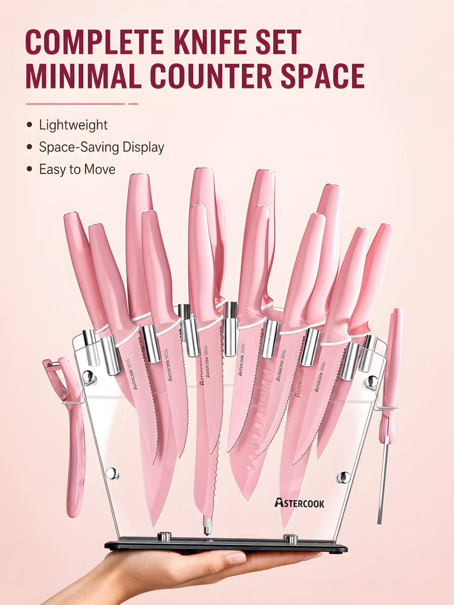 Astercook Knife Set with Block and Sharpener, 22 Piece Kitchen Knife Set Dishwasher Safe, Space-Saving Clear Knife Block with Knives for Everyday Home Cooking Pink