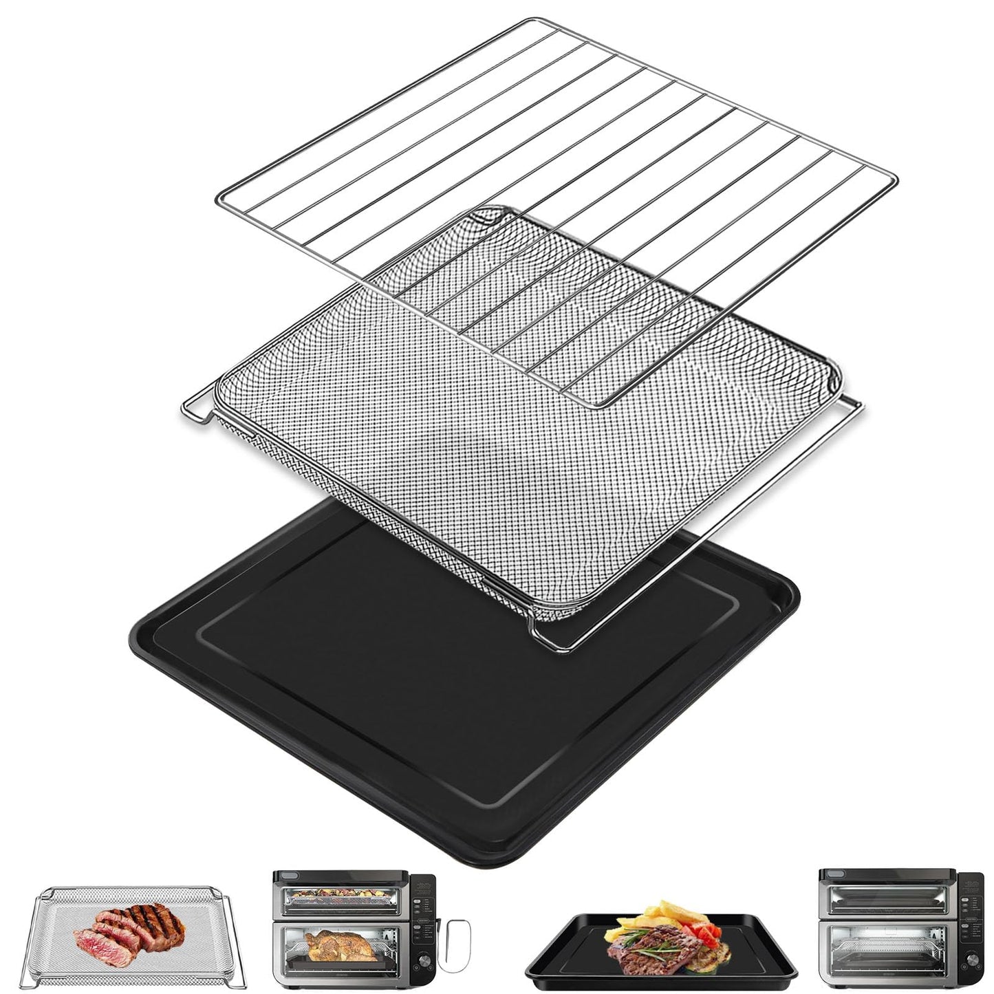 GCQ 3 IN 1 Smart Double Oven Tray Basket Rack Kit for Ninja DCT401 DCT402 DCT451, 13''×12.6'' Steel Toaster Oven Replacement Parts Accessories Cooling Rack for Ninja DCT601 DCT651 Smart Oven