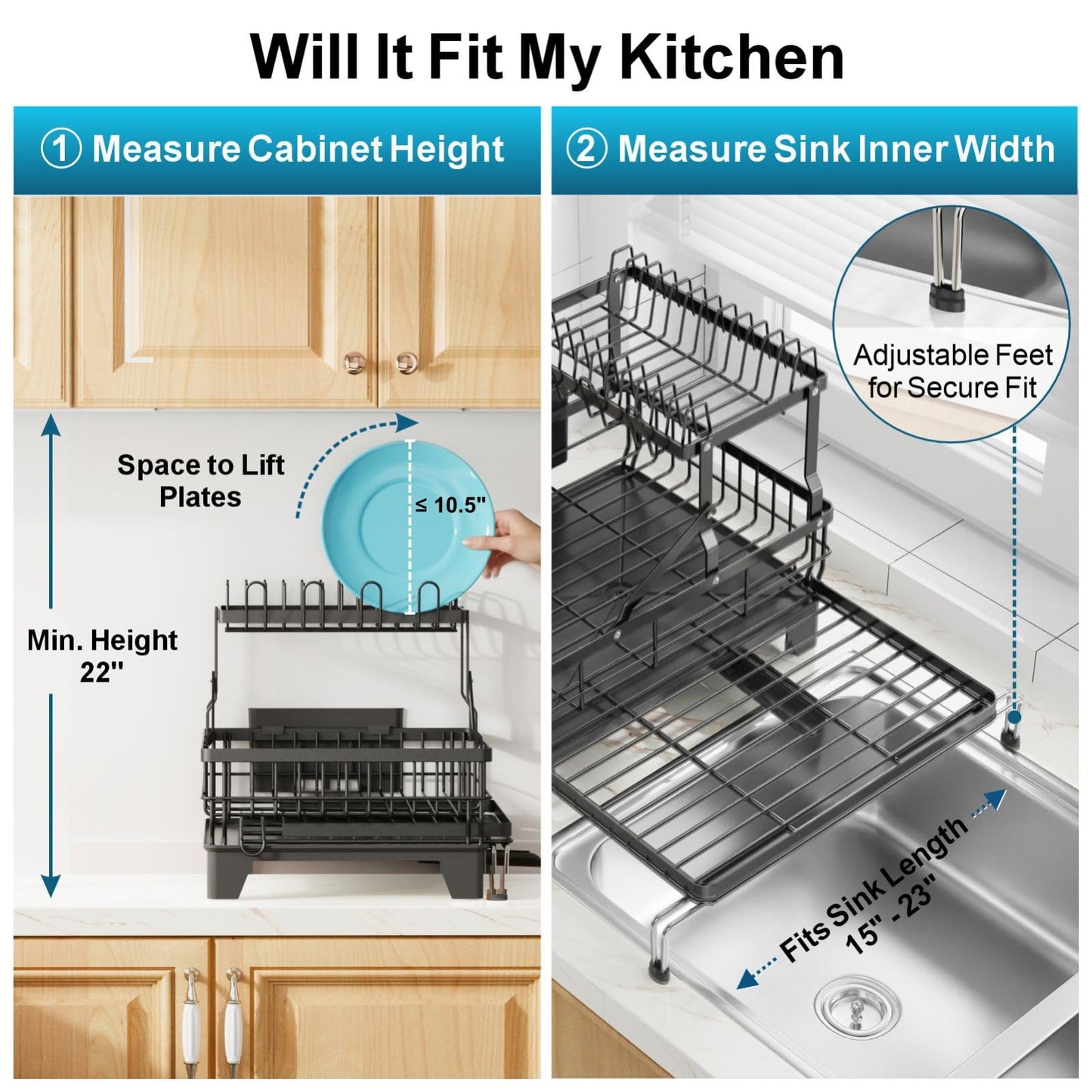 GSlife Large 2 Tier Dish Drying Rack, Expandable Multifunctional Dish Rack for Kitchen Counter, Rust-Resistant Dish Drainer with Utensil & Cup Holder, Auto-Drain, 16.9" W x 14.4"-22.4" L, Black