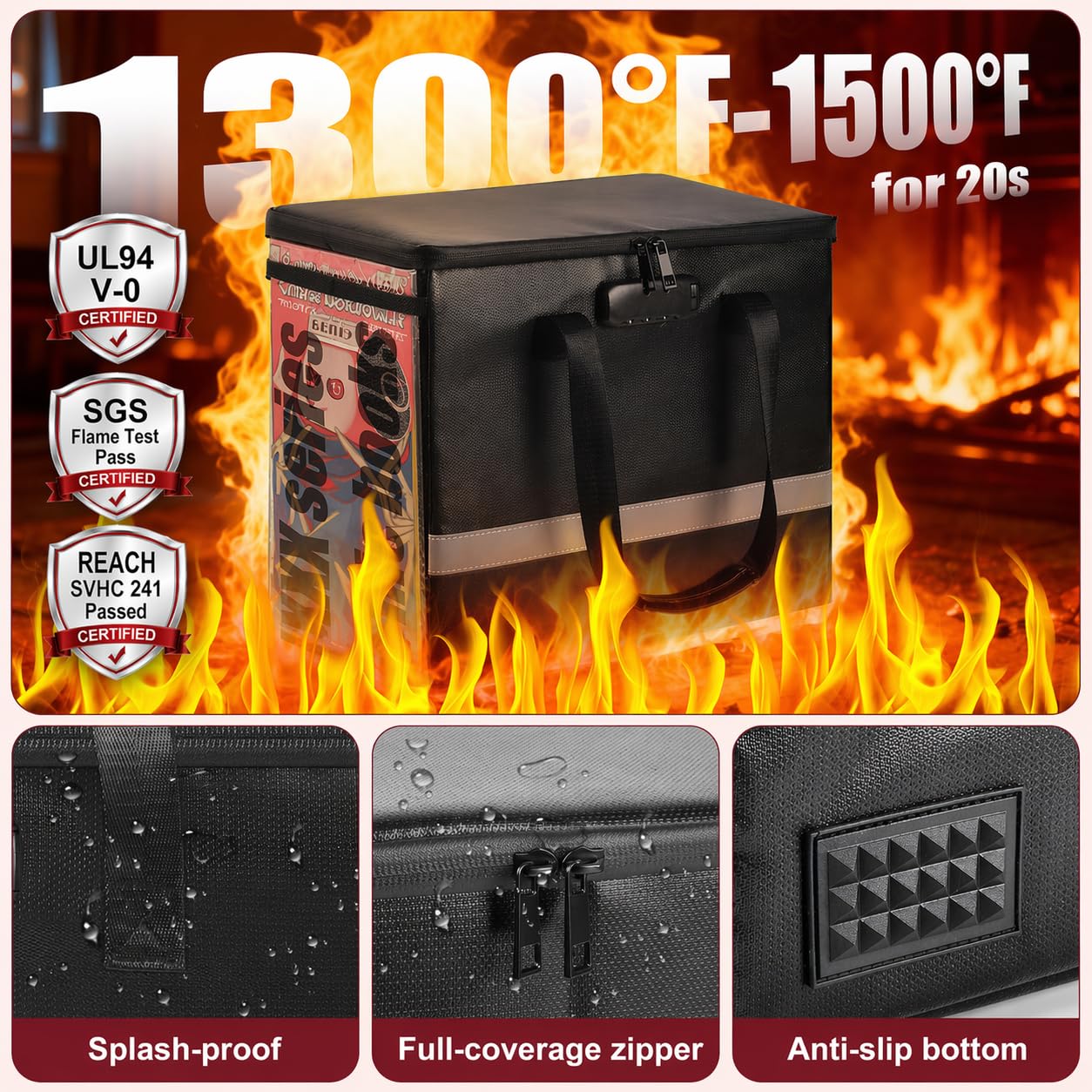 Fireproof Comic Book Storage Box - Holds 140+ Comics, Organizer Kit with 50 Protective Bags, Label Stickers and Catalog, Comic Book Bin with Adjustable Divider, Lock & Reflective Strips (Case Only)