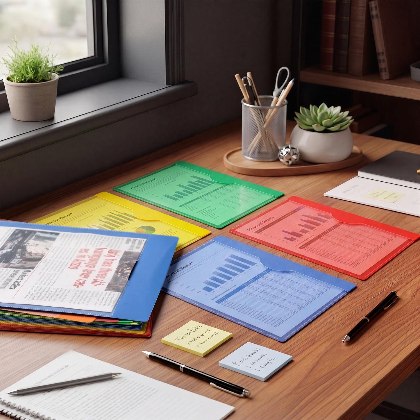 Kisston 50 Pack Heavy Duty Vinyl Plastic Folders with Clear Front Pocket File Jackets, Three Sided Closed, Letter Size Plastic Folders for Documents, 11.75 x 9.25 Inch (5 Colors)