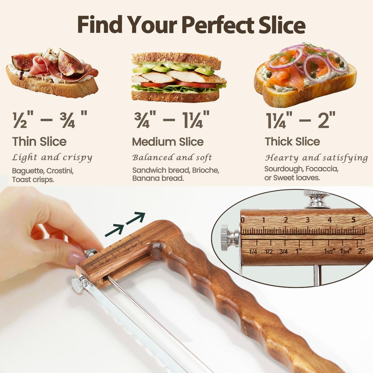 Adjustable Bread Slicer for Sourdough — Precision Homemade Bread Knife with Thickness Guide, Sharp Stainless Serrated Blade, Wooden Frame, Bread Cutter for Baguettes, Gift for Bakers, Mother's Day