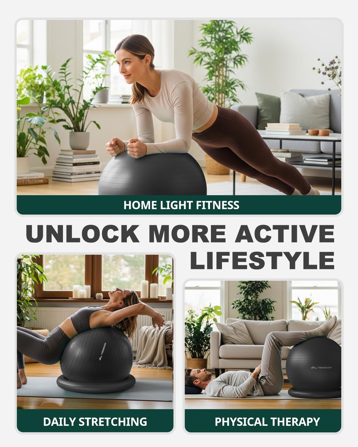 Trideer Exercise Ball for Office Desk, Yoga Ball Chair to Relieve Back Pain, Stability & Fitness Ball Seat with Base, Home Gym Core Workout, Abs, Stretching & Therapy