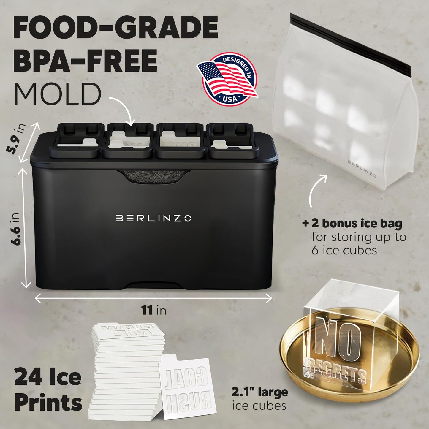 Berlinzo Premium Clear Ice Cube Maker Mold with Conversation Ice Prints – Best Gift for Dad & Whiskey Lover – 8 Large 2.1" Crystal Transparent Ice Squares – Includes Storage Bag (Non-Electric)