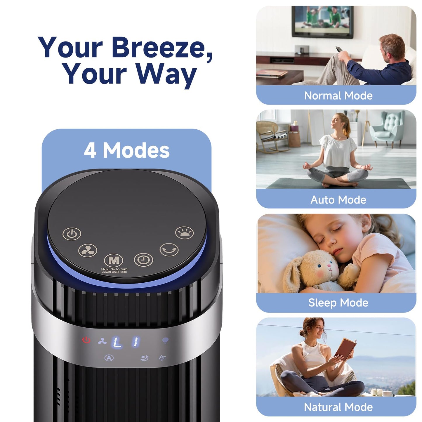 KMFurnila Tower Fan, Oscillating Standing Fans with Remote for Bedroom Home Office, 5 Speeds & 4 Modes, 12H Timer，LED Display, 22.3ft/s High Velocity, Modern Black