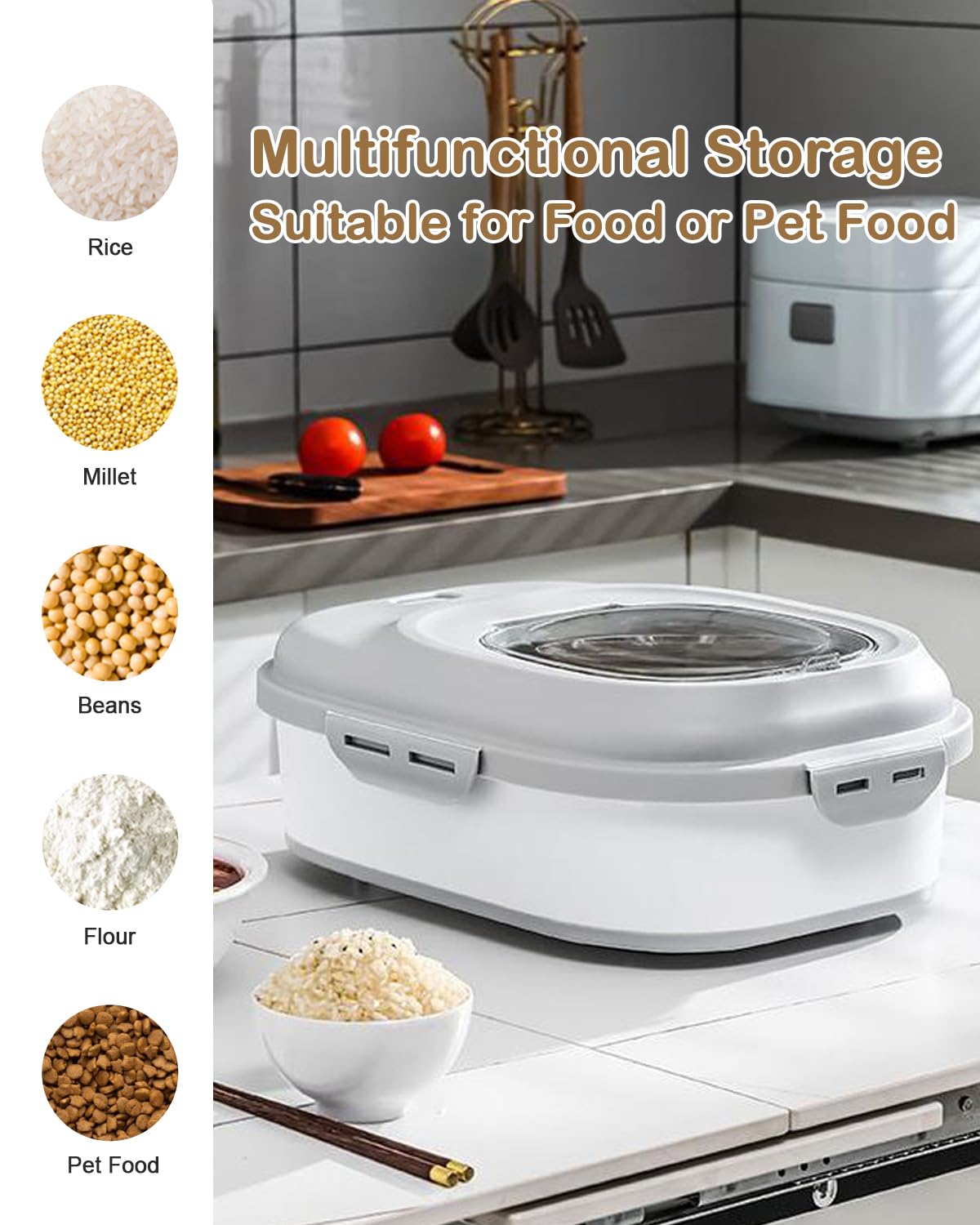 DDMOMMY 20-50 Lbs Food Storage Container With Wheel, Airtight Locking Lid, Collapsible Rice Container, Flour Storage With Small Container and Scoop, Suitable for Pet Food