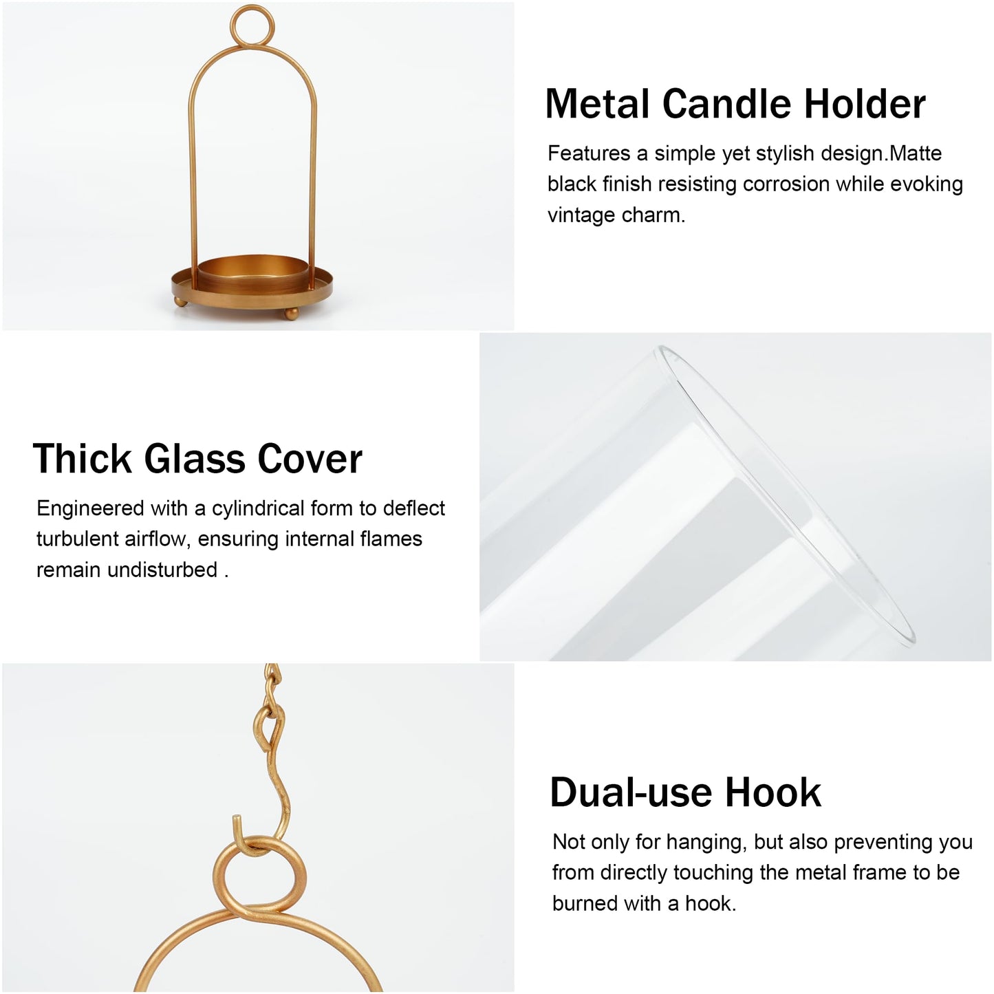 Glass Hurricane Candle Holder Decorative Gold Candle Lantern, Pillar Candlestick Holders Set of 2, Hanging Metal Holder Modern Table Centerpieces, Antique Brass