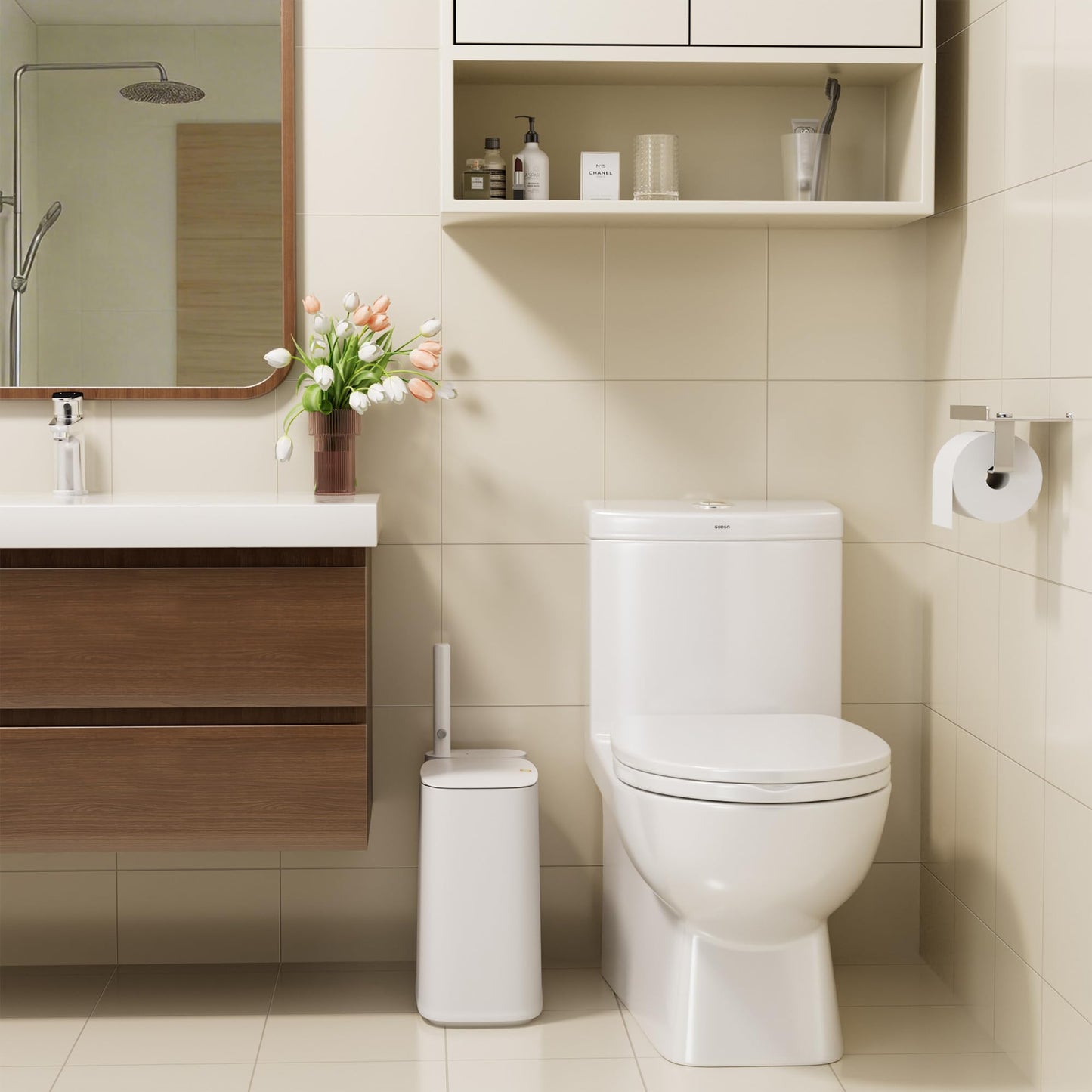 POPMOP White Plastic Mini Trash Can, Toilet Cleaner Stick, Toilet Brush Holder, 36 Refills, 2-Gallon Trash Can with Pop-Out Lid, Suitable for Bathrooms and Small Toilets.