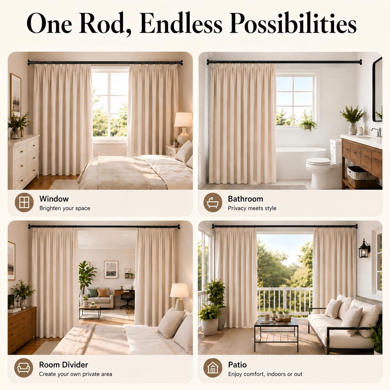 ALLZONE Tension Curtain Rods for Windows 40 to 121 Inches, Extra Long Curtain Rods No Drilling, No-Slip Tension Rod Hold Up to Heavy Drapes, Perfect for Bathroom, Bedroom, Patio & Room Divider, Black