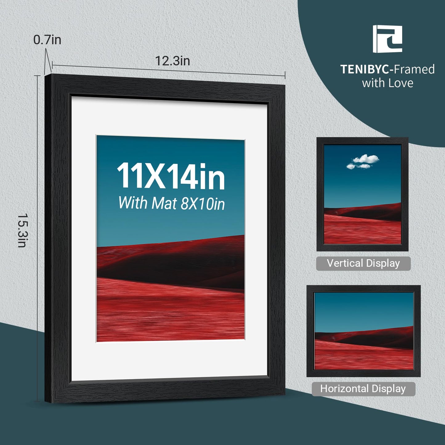 TENIBYC 11x14 Picture Frame Set - 4 Pack, Black Wood Photo Frames - Tempered Glass - Displays Photos 8x10 with Mat or 11 x 14 without - Room, Office, Gallery, Studio, and Hallway Decor - Wall Hanging