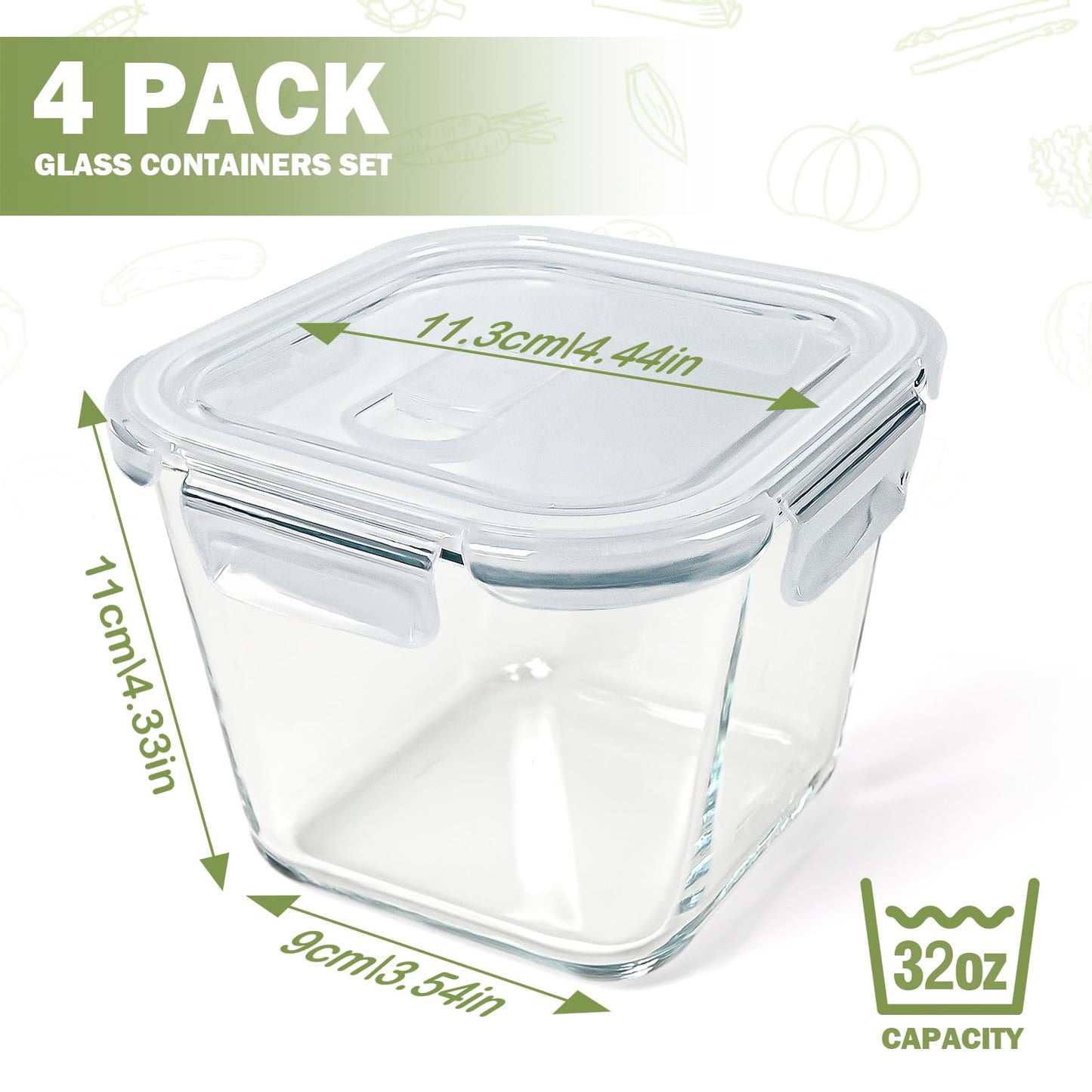 Glass Soup Containers with Lids 32 oz, 4 Cup Borosilicate Glass Food Storage Containers, Microwave & Freezer Safe Jars, Small Square Meal Prep Bowl for Salad, Fruit, Lunch, Ice Cream, Travel, 4 Pack