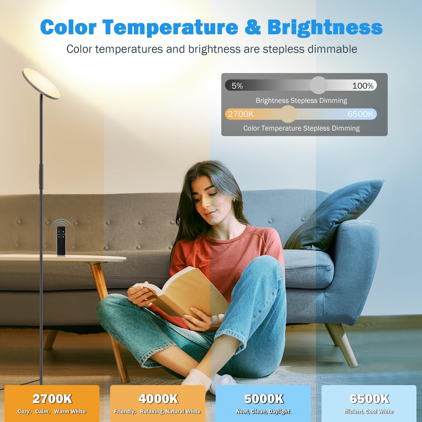 LED Floor Lamp, 3000LM 30W Super Bright Standing Lamp, 300W Equivalent Modern Torchiere Sky Lamp, 2700K-6500K Stepless Dimming with Remote & Touch Control, 69" Tall Lamp for Living Room Bedroom Office