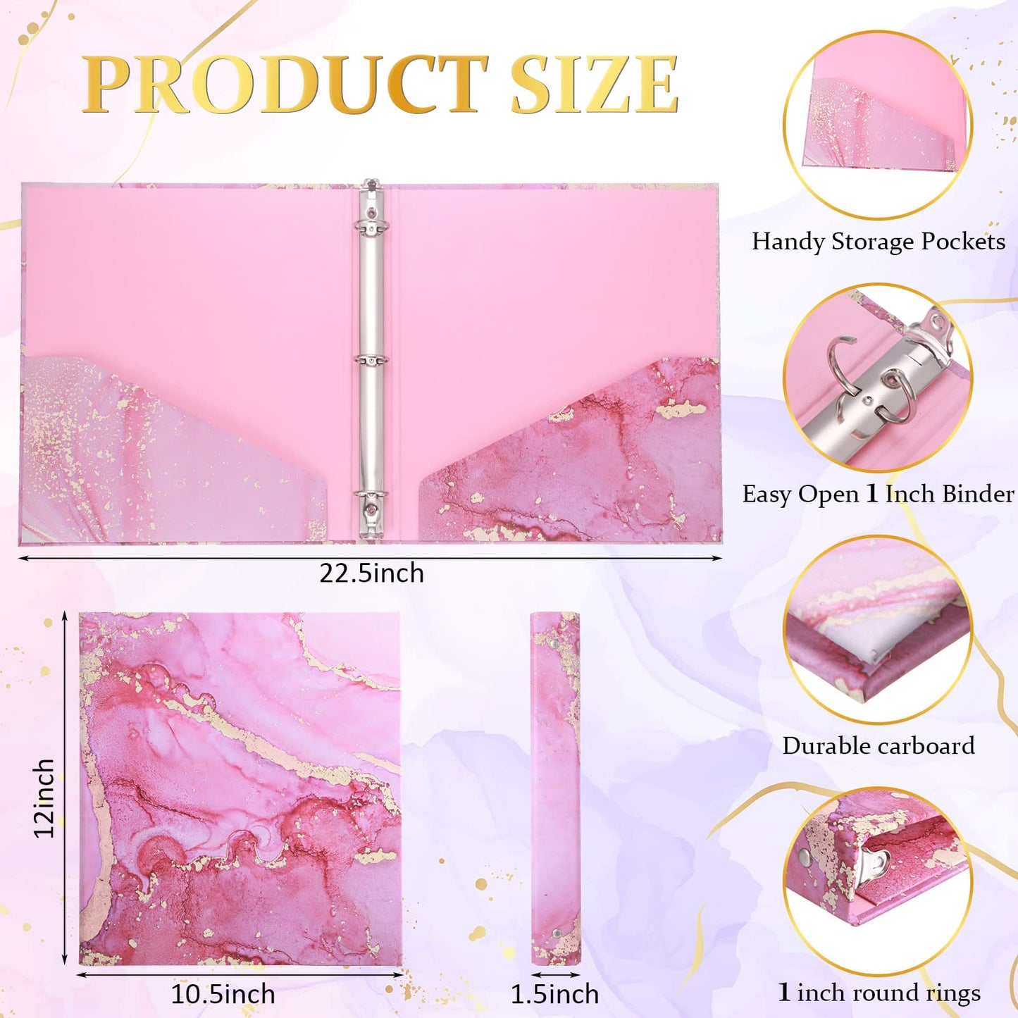 Thenshop 6 Pack Marble 1 Inch 3 Ring Binders Cute Decorative Round Ring Binders Aesthetic Hardcover for Loose Leaf Paper Letter Size Paper School Office Supplies, 10.5 x 12 Inch