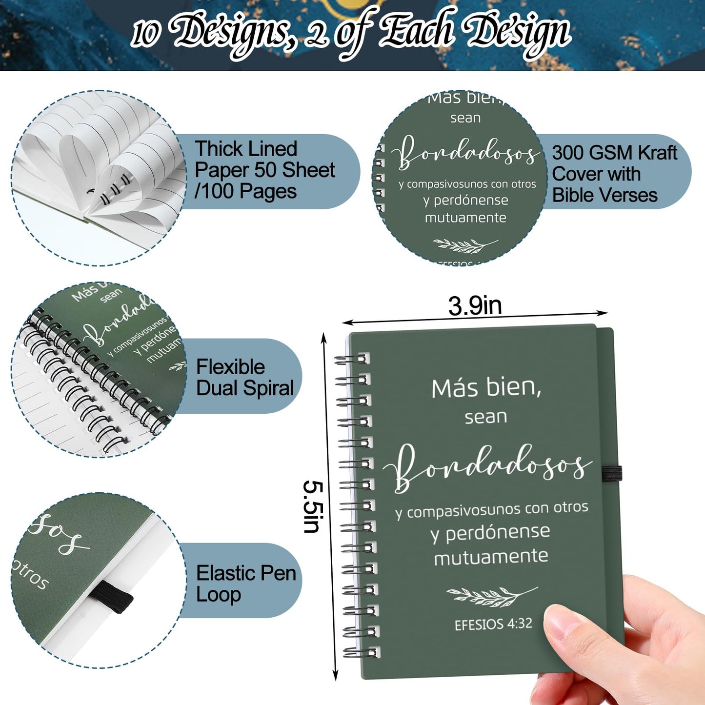 Resurhang 40 Pcs Spanish Christian Gift 20 Spiral Religious Notebook 20 Bible Pen Christian Prayer Journal Ballpoint Pen for Church Gift(Bible,Natural Color)