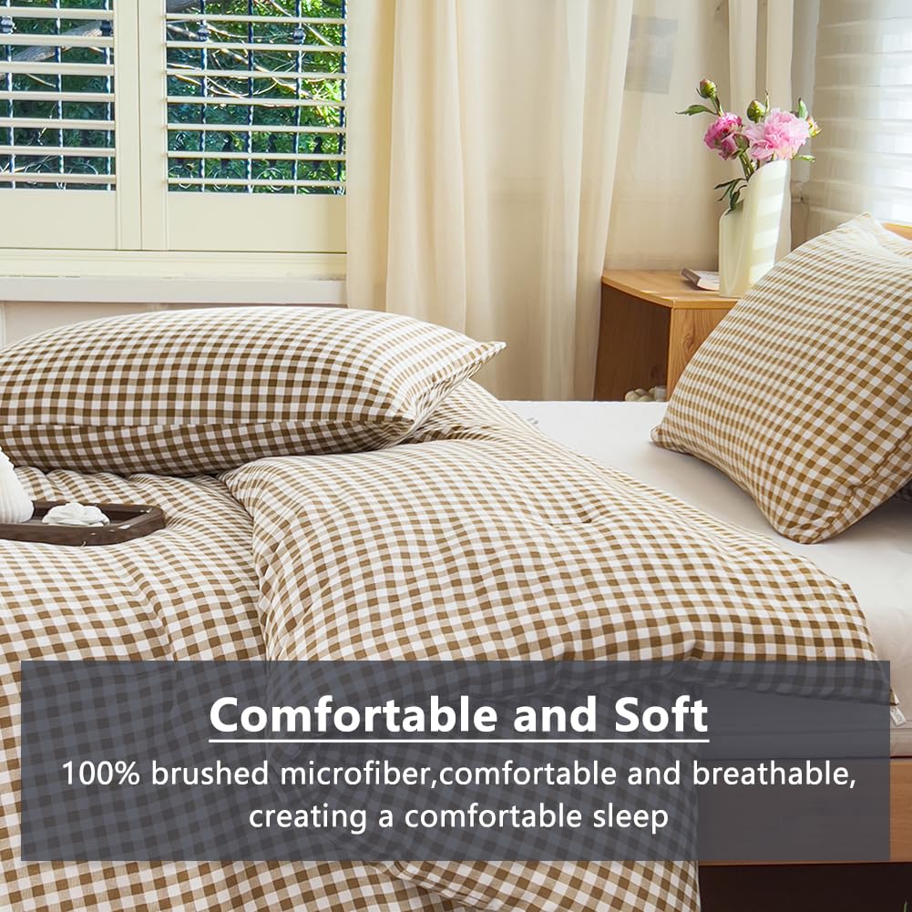 NSNLGSGC Queen Comforter Set, Tan Gingham Bedding Comforter Sets, Brown Grid Bed Comforter 3 Pieces (1 Comforter, 2 Pillowcases)