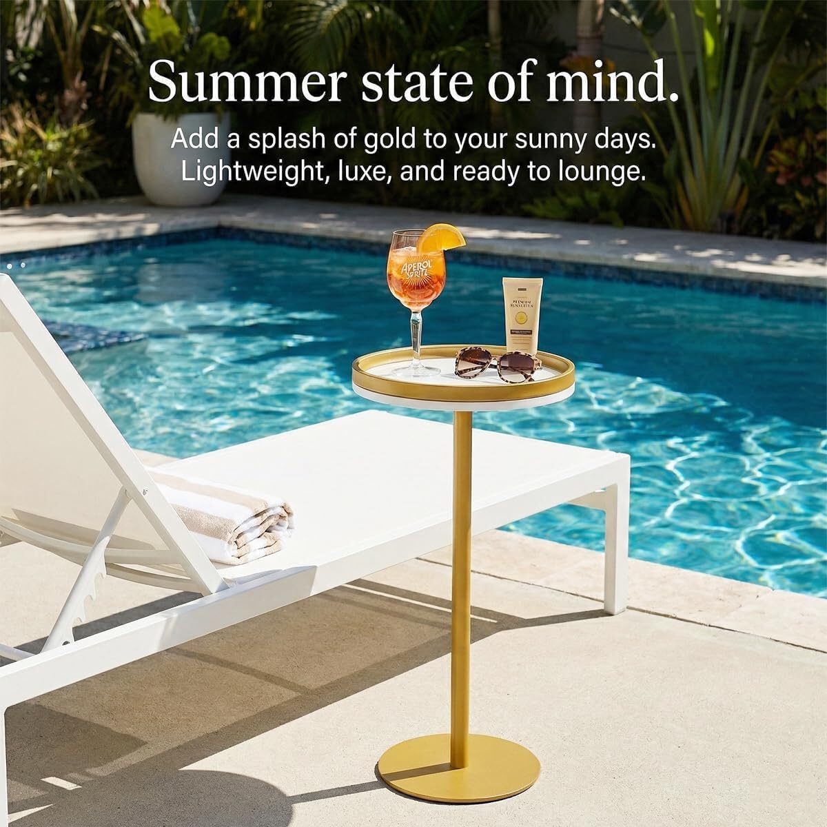 ZEXVIDA Martini Table, Small Round Drink Table with Weighted Base,Modern White & Gold Pedestal End Table with Tray Top Edge for Small Spaces, Living Room, Next to Sofa,24.7 "Tall
