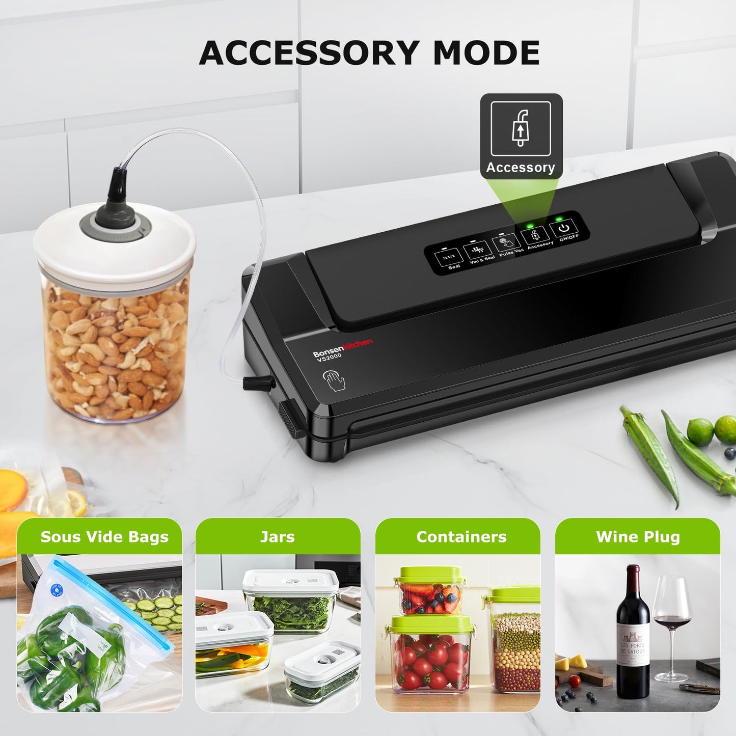Bonsenkitchen Vacuum Sealer Machine | Compact Food Sealer for Kitchen Storage & Meal Prep | Multiple Modes | External Vacuum System | 5 Bags, Black