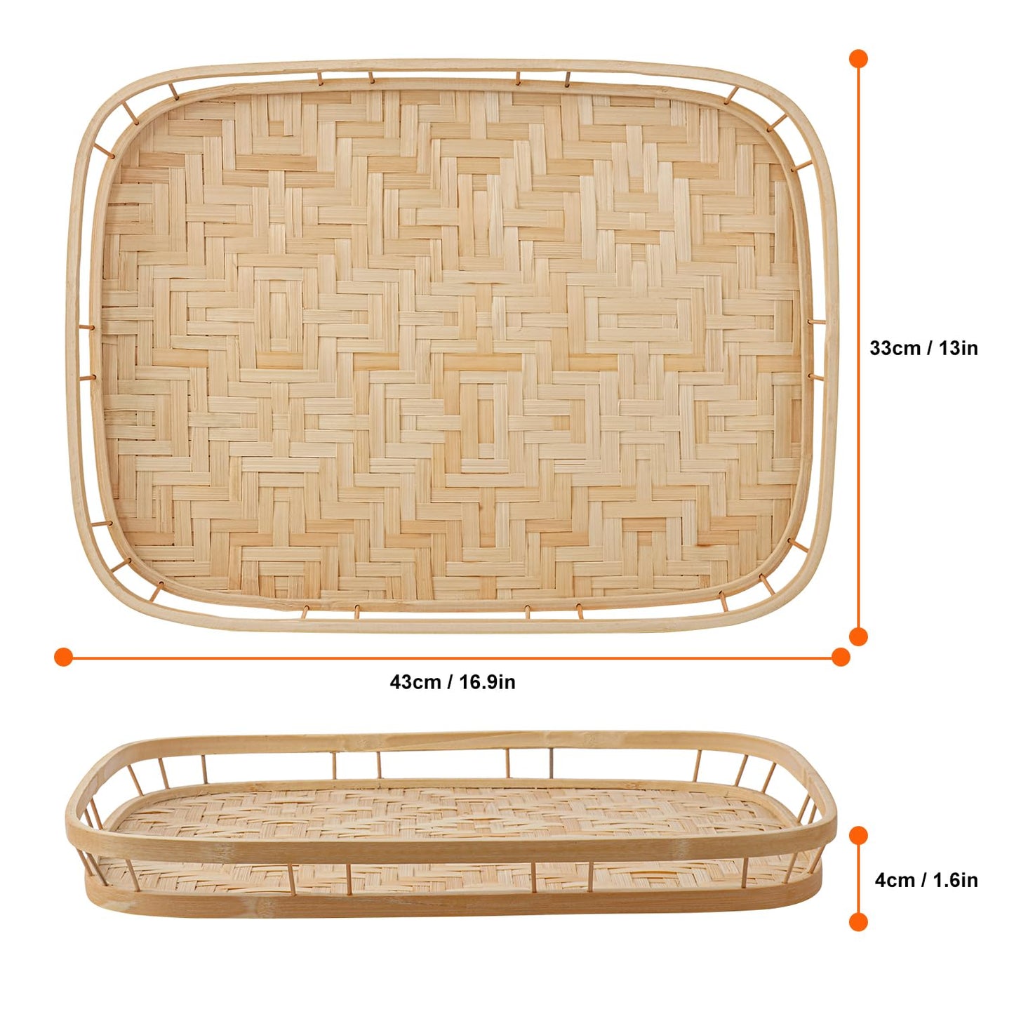 Geytetqi 4 Pack Rectangular Bamboo Wicker Woven Tray with Handle, Bamboo Wicker Serving Trays for Eating, Kitchen, Table, Party