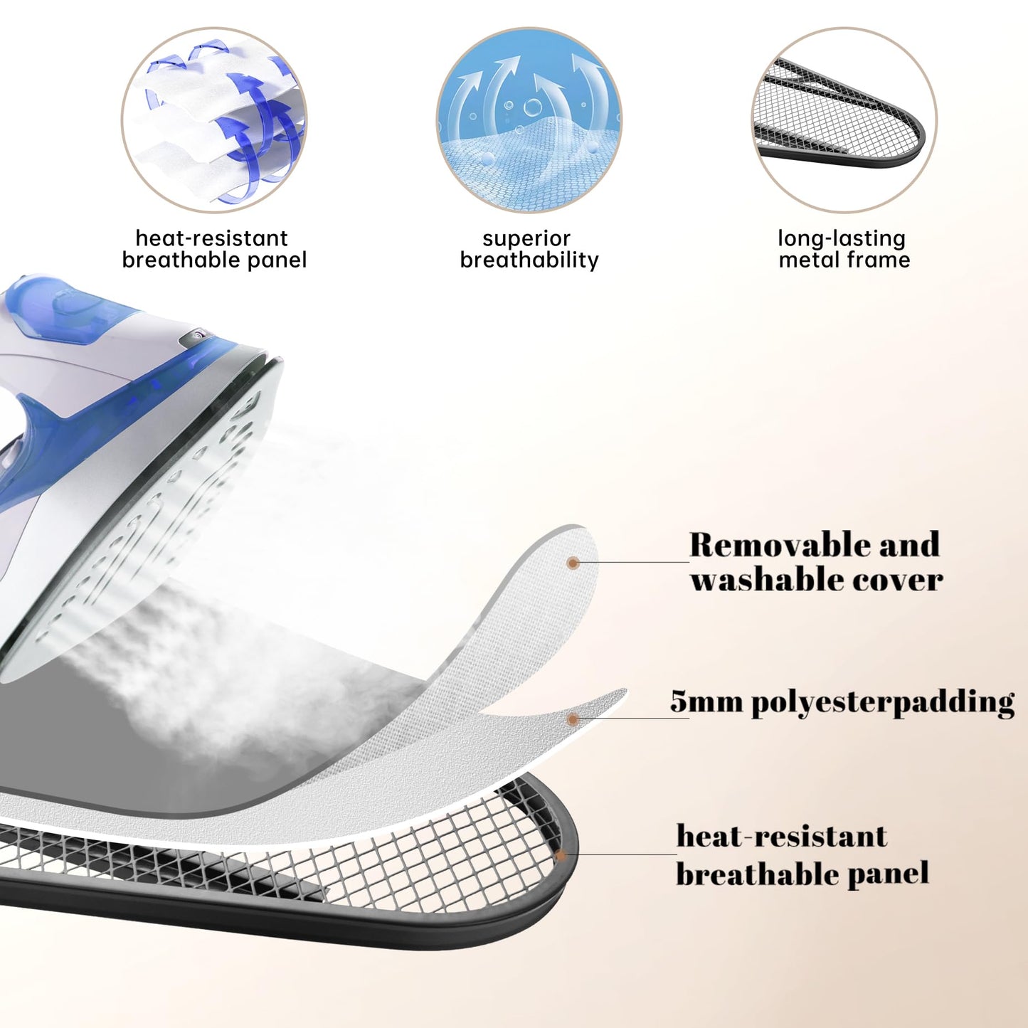 RIZTAIK Ironing Board, Compact and Space Saver,Size 13 x 43, Metal Construction Ironing Boards with Extra Thick Heavy Duty Padded, Stable Structure,Skid Feet, Premium Iron Board (Grey)