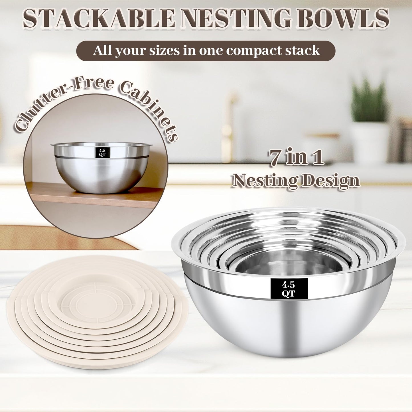 Boskermeal Mixing Bowls with Lids Set - 7PCS Nesting Mixing Bowls, Lids, Stainless Steel Mixing Bowls for Mixing, Baking & Meal Prep, Dishwasher Safe, Size 0.7/1.1/1.5/2.1/3.5/4/4.5 QT, Khaki