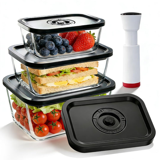 Seadasyoon Glass Vacuum Containers for Food Fresh & Save Storage, Made For Compact Vacuum Sealer, 3pcs Mixed Set Small, Medium, Large With Handheld Vacuum Sealer Machine