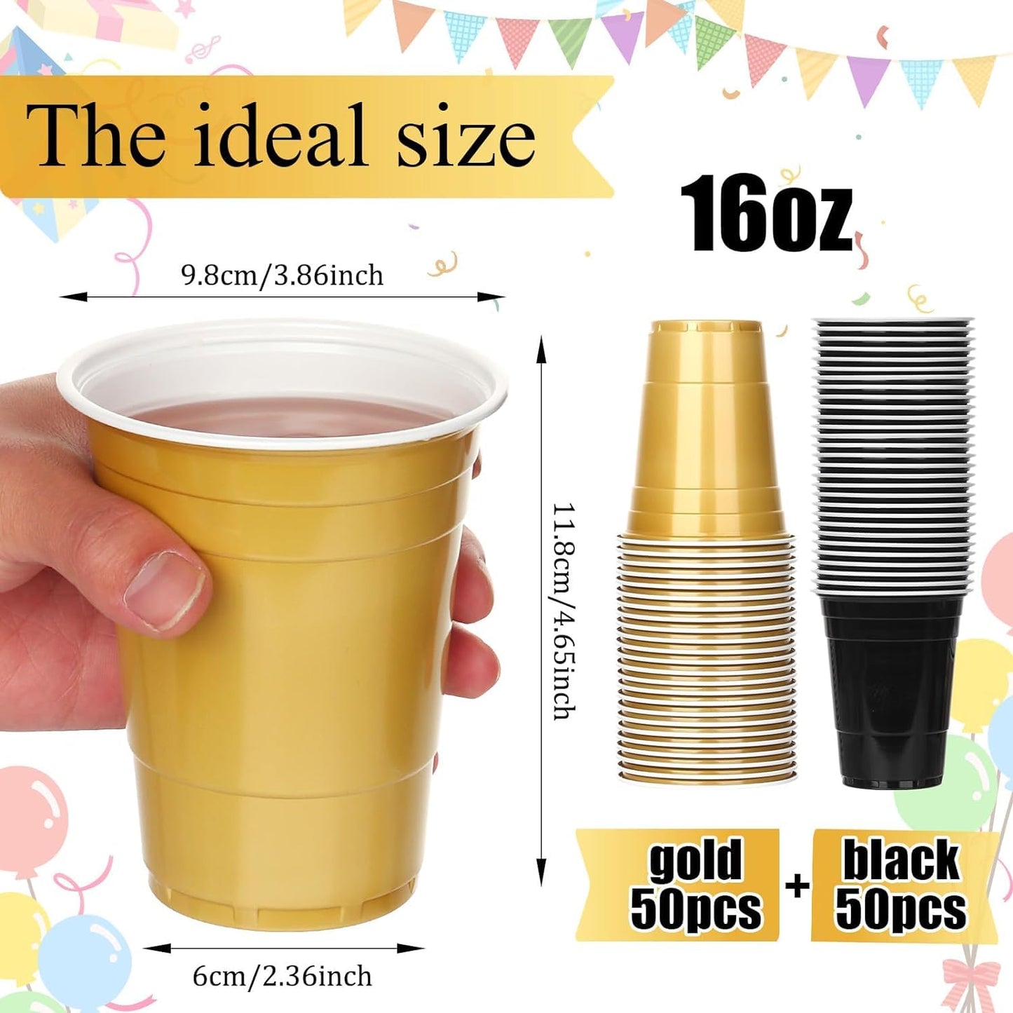 KesaPlan 100PCS 16 oz Plastic Cups Graduation Cups Black and Gold Cup Disposable Party Cups Bulk for Party Graduation Wedding Birthday Halloween Family Gatherings and Festive Celebrations