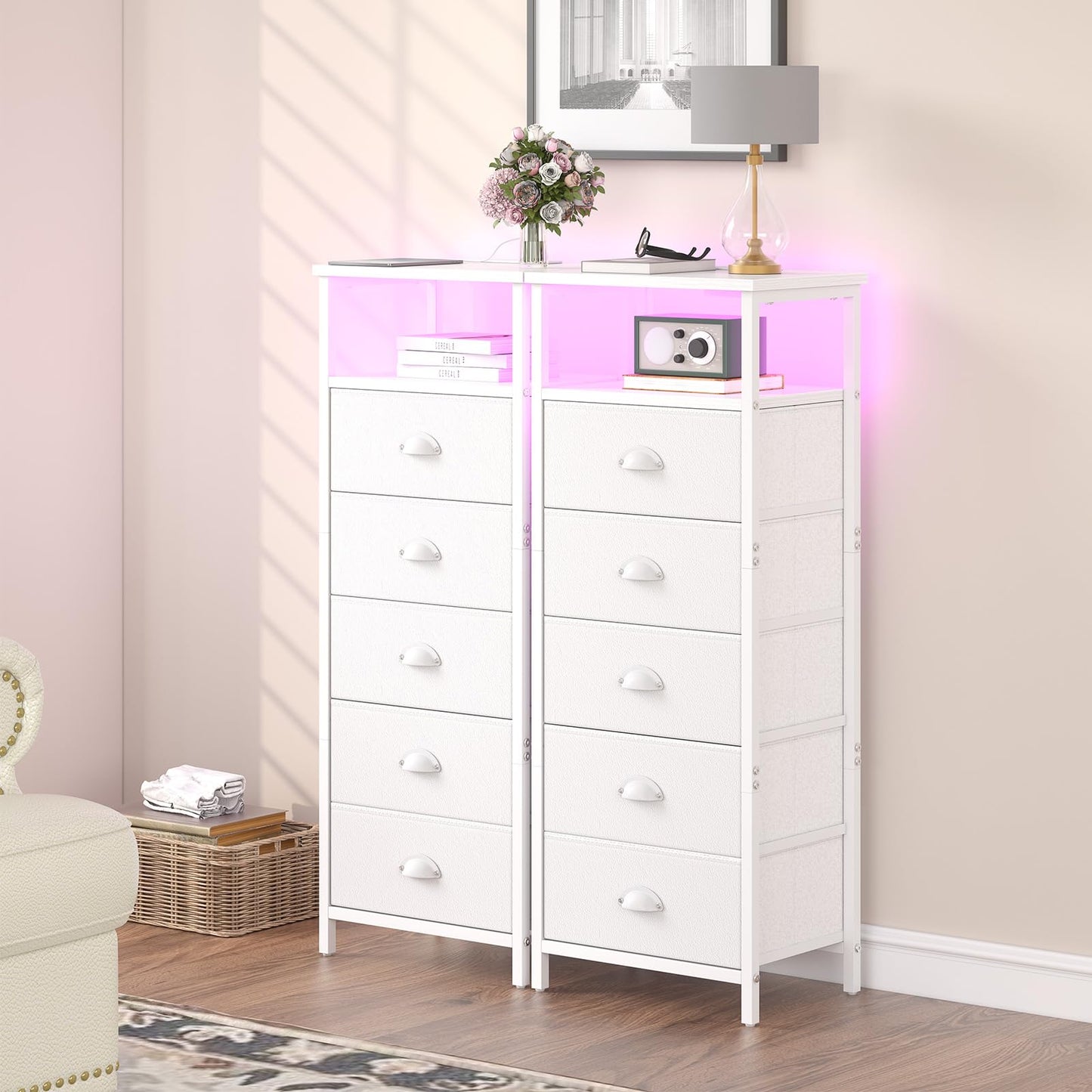 sthmec Nightstand with Charging Station,LED White Nightstands with 5 Fabric Drawers PU Finish, Bedside End Tables, 2-Tier Open Storage Shelf Side Table Nightstand with Drawers for Bedroom,White