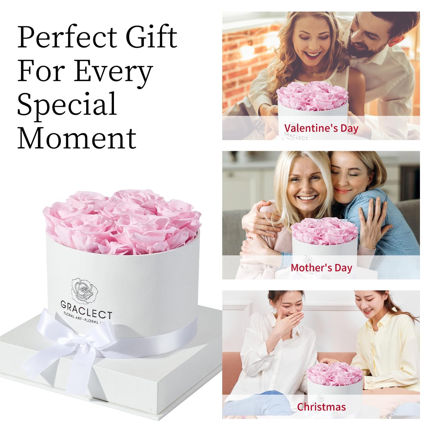 Graclect Flowers for Delivery Prime - Preserved Roses in a Box - Forever Flowers, Immortal Roses, Eternal Rose Birthday Gifts for Her, for Mom - Pink Rose