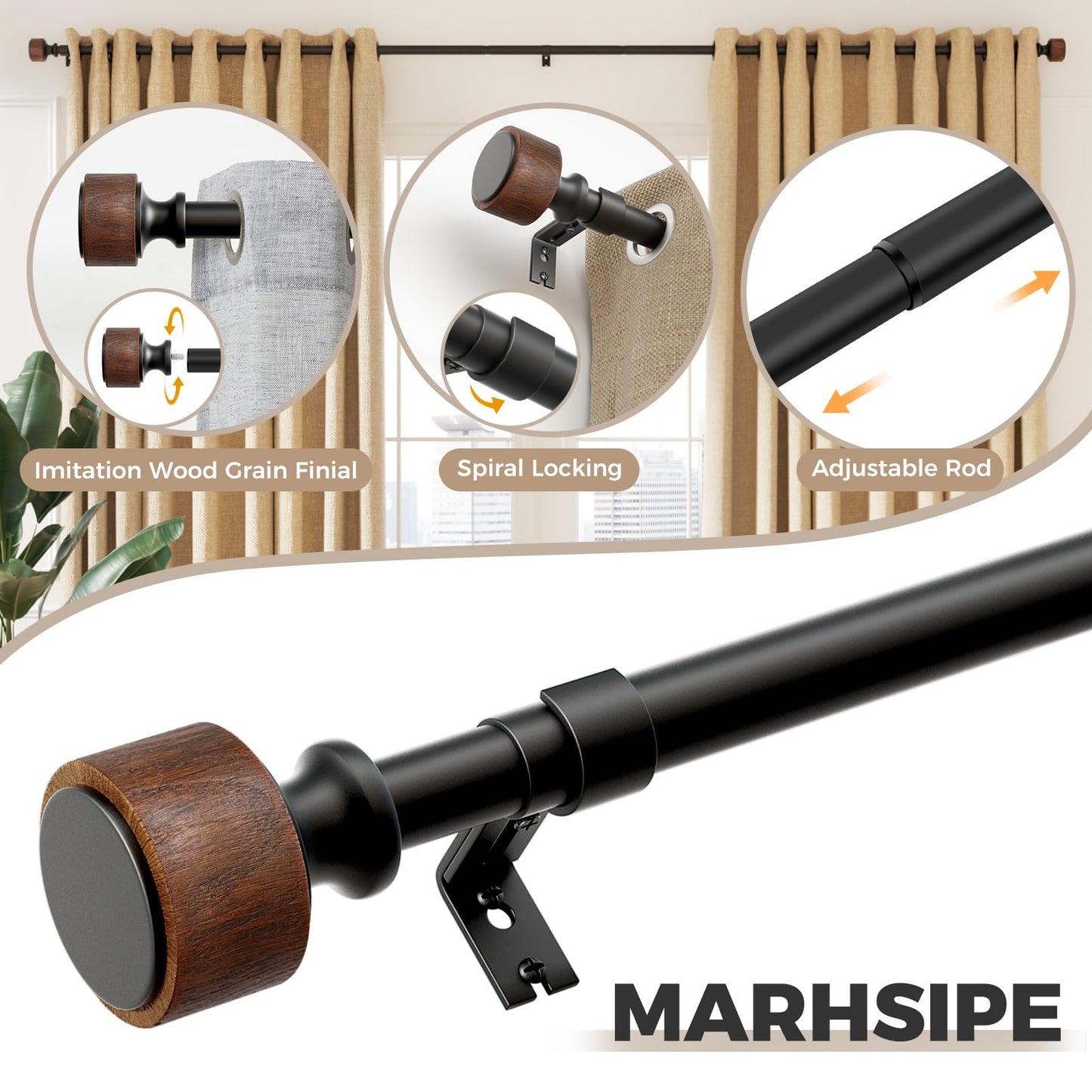 Wood Curtain Rods for Windows 48 to 84 Inch, 1” Diameter Decorative Drapery Rod with Imitation Wood Grain Finials, Adjustable Heavy Duty Curtain Rod, Indoor/Outdoor Modern Curtains Rods, 2 Pack