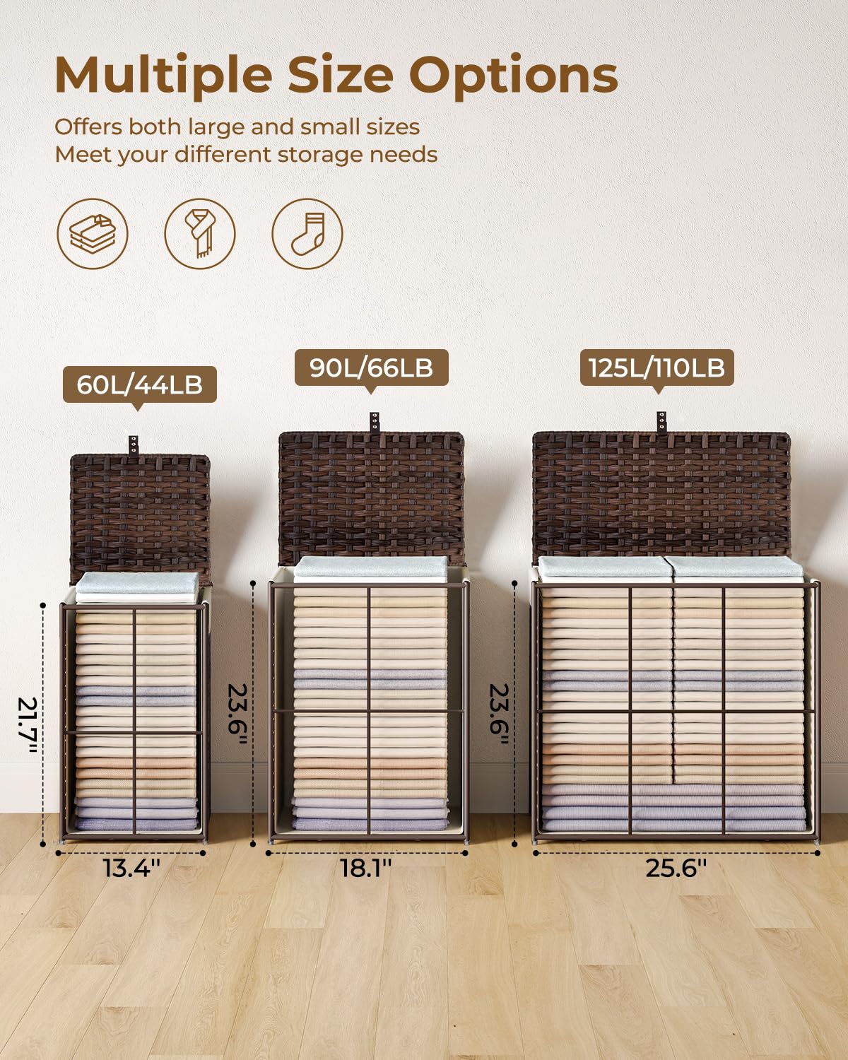 Greenstell Laundry Hamper with Lid, 90L Clothes Hamper with 2 Removable Liner Bags & 2 Mesh Laundry Bags, Handwoven Synthetic Rattan Laundry Basket for Clothes, Toys in Bathroom, Bedroom Brown