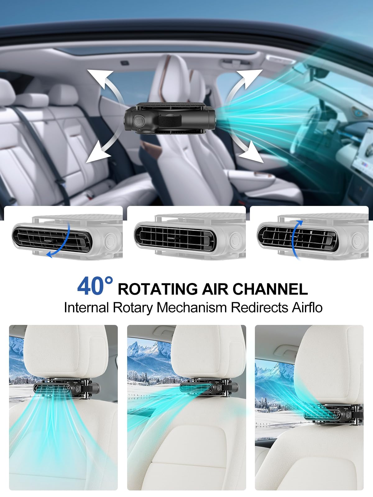 SEAINGO Car Fan for Front and Back Seat, USB Powered (No Battery, Not Rechargeable), Headrest Mount Cooling Fan with Front/Rear Airflow Switch and 3 Speeds, Fits Headrest Posts Spaced 4.6–6.2 in