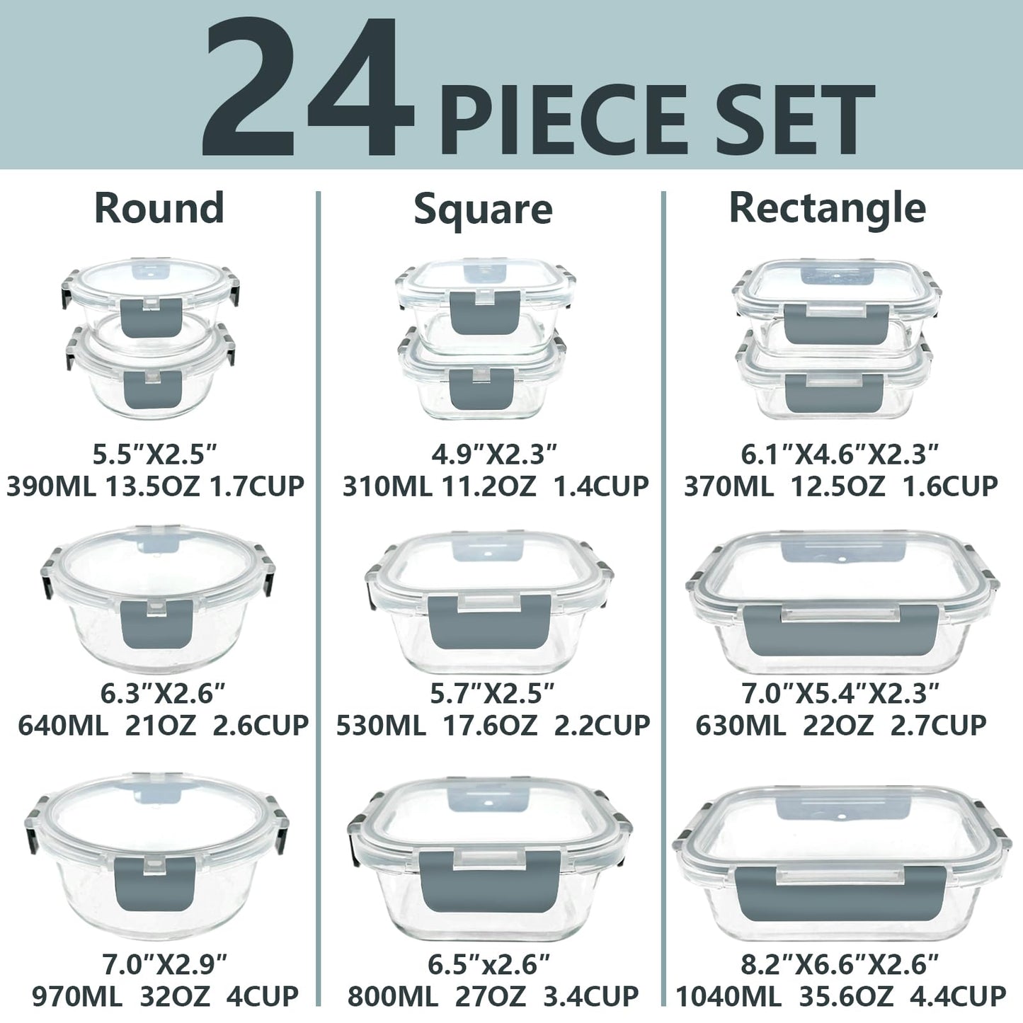 Bestfull 12 Pack Glass Food Storage Container Set with Lids Non Toxic, Stackable Borosilicate Glass Meal Prep Containers, Microwave, Oven, Freezer and Dishwasher Safe (Gray)