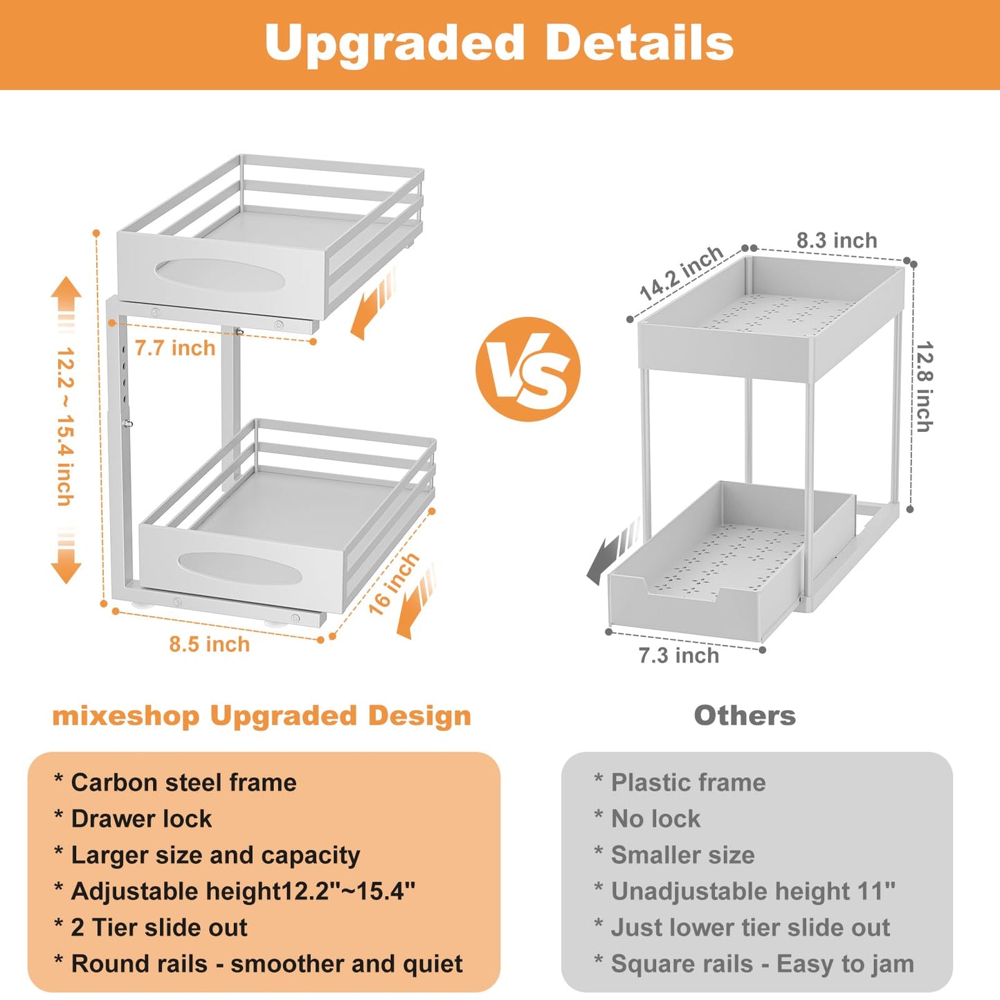 Under Sink Organizer, 2 Tier Under Sink Organizers and Storage, Adjustable Height, Slide out Metal Cabinet Organizers, Pull out Cabinet Storage Drawer Shelf for Kitchen Bathroom (White, 2 Pack)