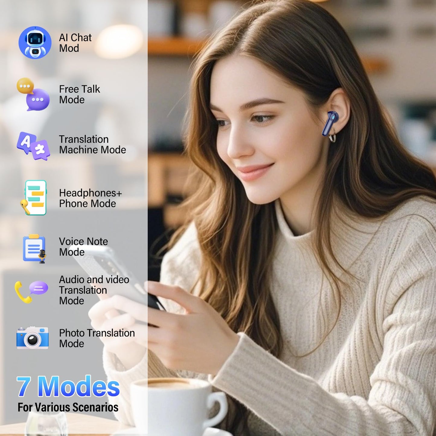 AI Translation Earbuds Real Time,164 Language/7 Translation Modes Translator Earbuds with Audio and Video Calls,No Subscription,5 EQ Modes Touch Screen Translator Headphones,48H AI Ear Buds, Dark Blue