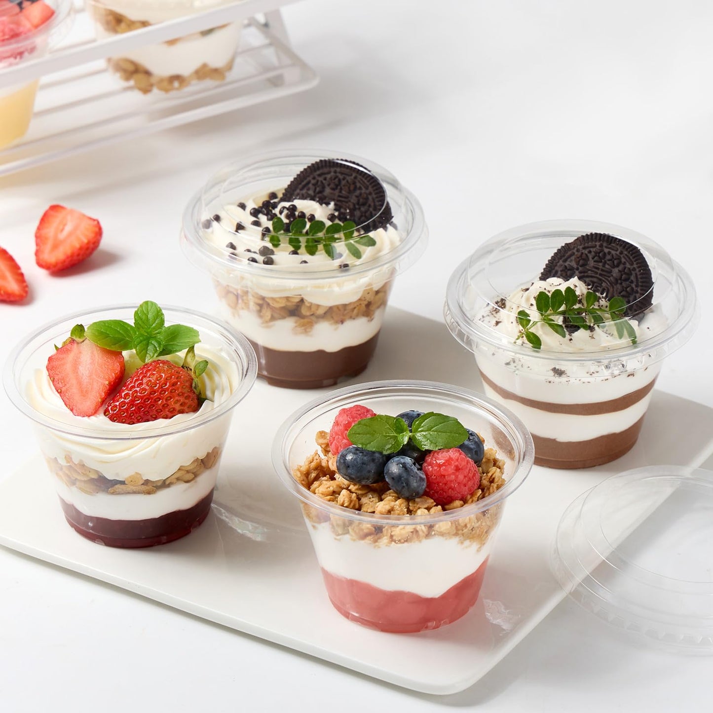 Jycnolm 100 Pack 6 oz Plastic Dessert Cups with Lids, Small Plastic Yogurt Parfait Cups, Mini Round Party Serving Cup for Pudding, Fruit, Cake, Appetizer, Dessert Shot Glasses