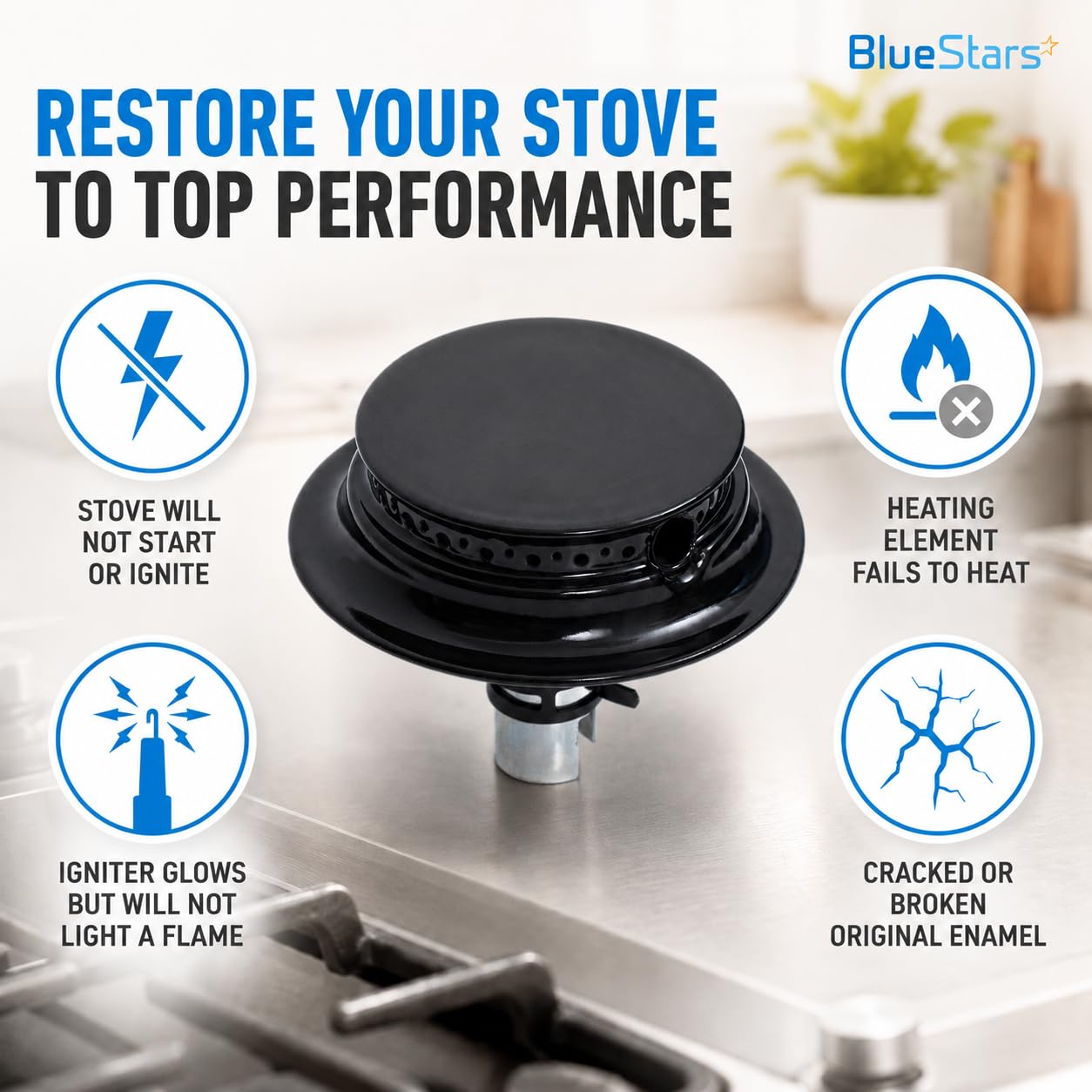 BlueStars Ultra Durable 3412D024-09 Gas Range Sealed Burner Head & Igniter Assembly Replacement – Compatible with Magic Chef & Maytag Ranges - Replaces 12500050 3412D018-09 - Pack of 4