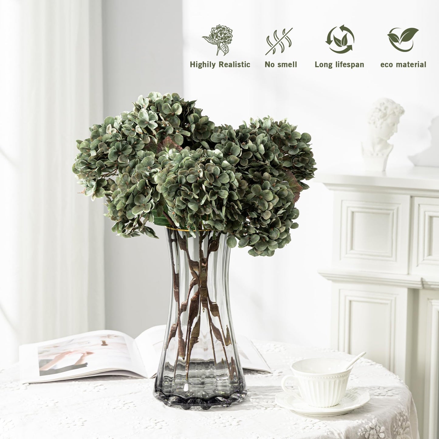 Uqueeten Hydrangea Artificial Flowers,Green Artificial Flower Fake Silk Hydrangea, Heads Bouquet with Stems Bulk for Fall Decoration Table Center Indoor Outdoor Faux Floral Plants 8pcs (Green)