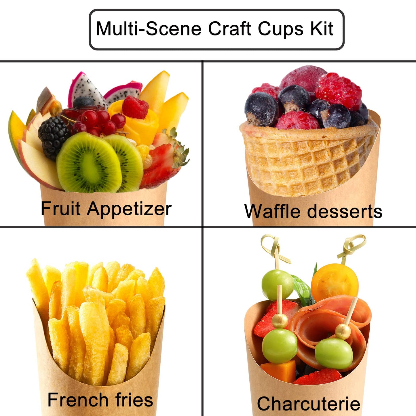 Disposable Charcuterie Cups 120 PCS with 200PCS Sticks and 120PCS Bags, 14 oz Kraft Paper Snack Boxes Appetizers Cup French Fry Holder with Cocktail Skewers Toothpicks Tooth Picks, Brown