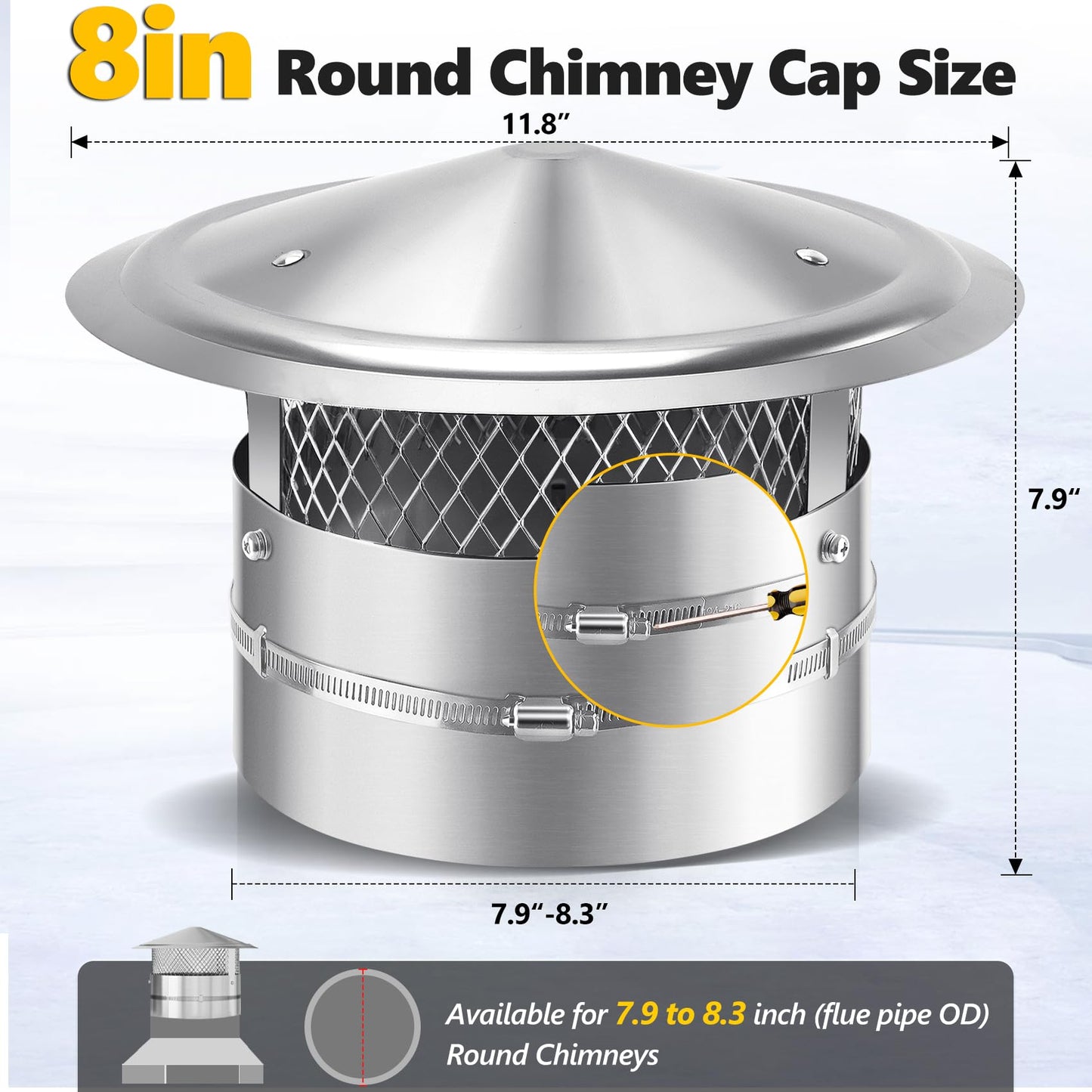 8 Inch Chimney Cap, 8" Stainless Steel Cone Top Chimney Cap with Screen, Adjustable and Reinforced Round Chimney Cap, Chimney Cover for Vents,Rain Cap for All-Round Chimney,8 Inch Round Chimney Cap