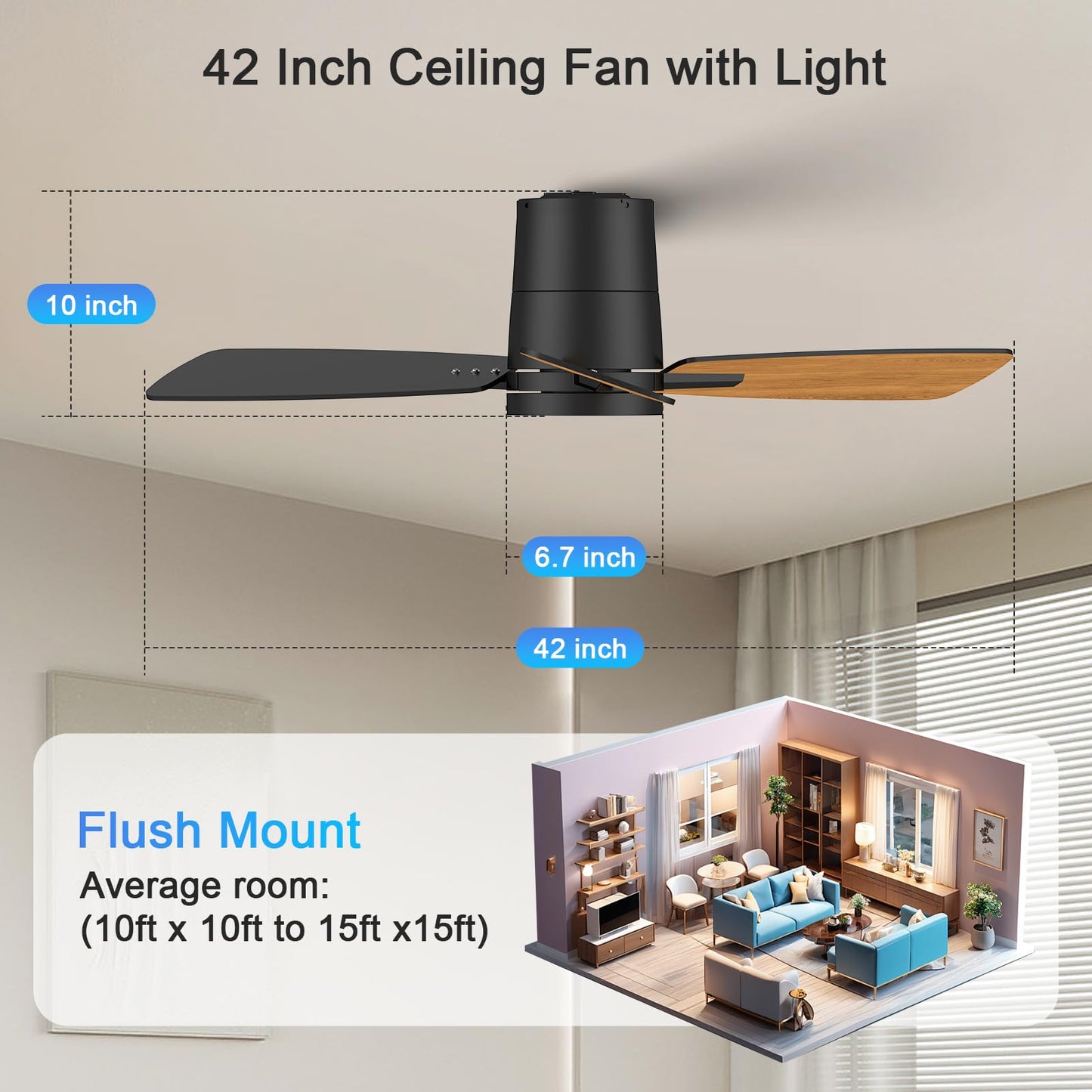 Atolit Ceiling Fans with Lights,42 inch,Quiet Reversible Motor,Easy to Install,6 Speeds,Dimmable,Timer, Black Modern Ceiling Fan for Living Room, Bedroom, Kitchen, Dining room, Office