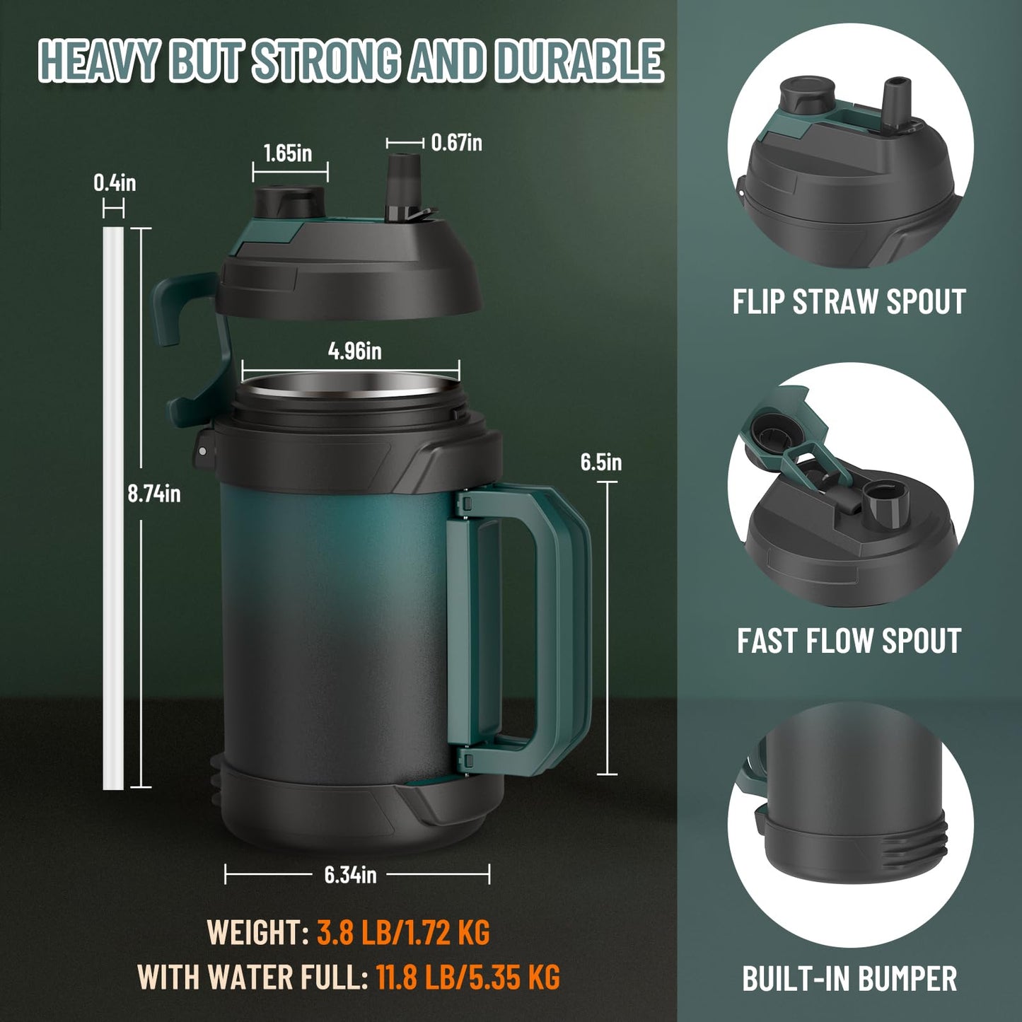 Zukro 1 Gallon Water Jug, One Gallon Large Triple Wall Insulated Water Bottle With Straw and Spout, Keep Cold 48 Hours, No Sweat 128 oz Stainless Steel Sport Jug For Gym, Camping, Outdoors, Black