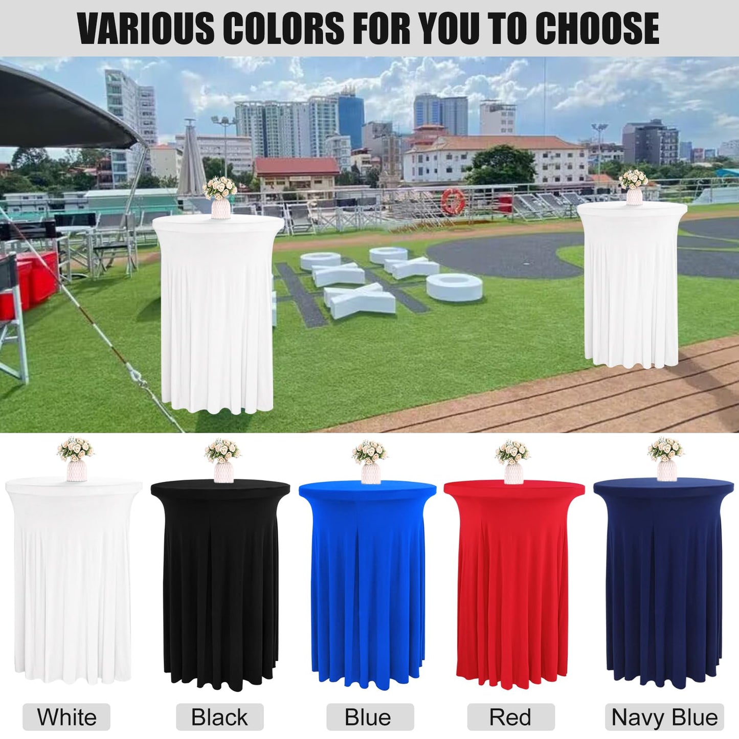 JALANCY 4 Packs 32 x 43 Inch Spandex Round Cocktail Table Skirts Stretch Cocktail Table Cover Fitted for High Top Tables for Wedding Bar Party Banquet (White)