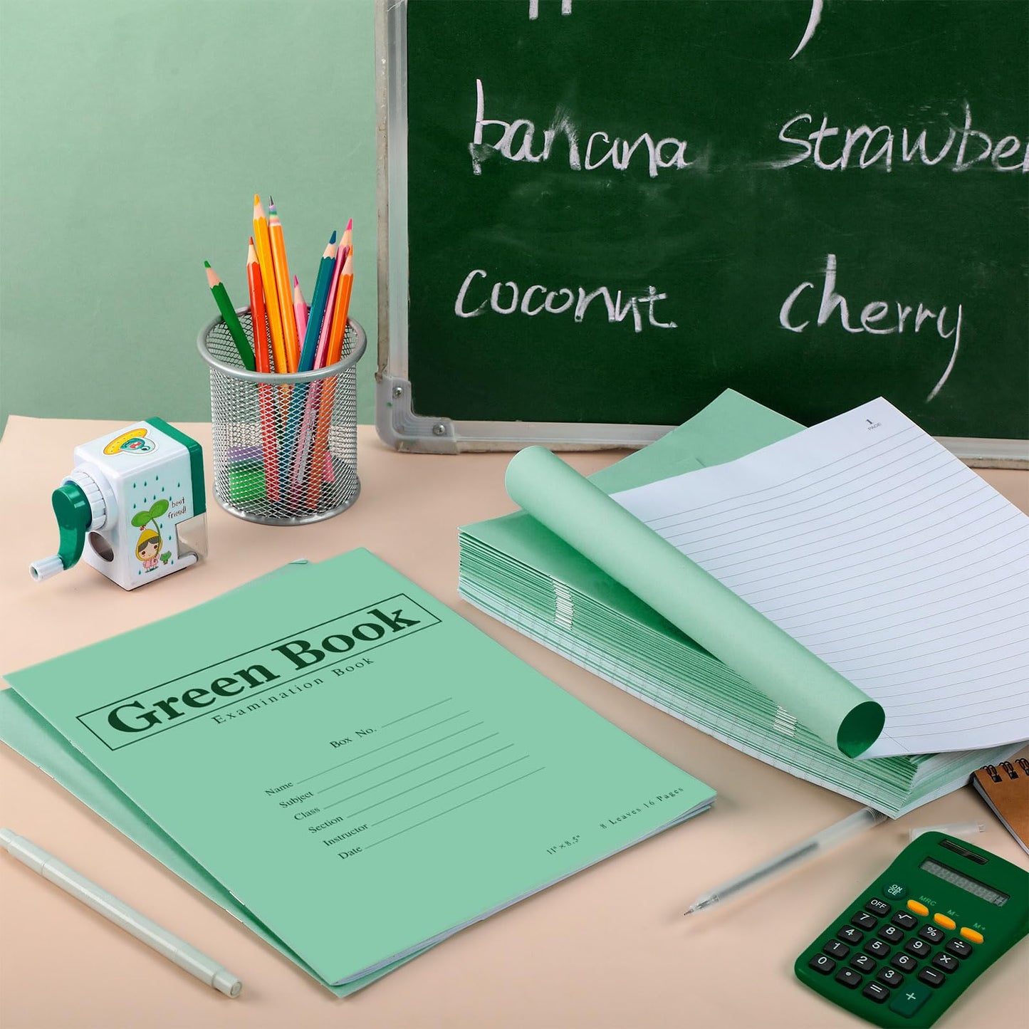 Skyygemm 100 Pack Green Exam Book Green Test Book, 8.5" x 11", 8 Sheets 16 Pages, Wide Ruled Saddle Stitched Examination Notebook for Home Business School Office