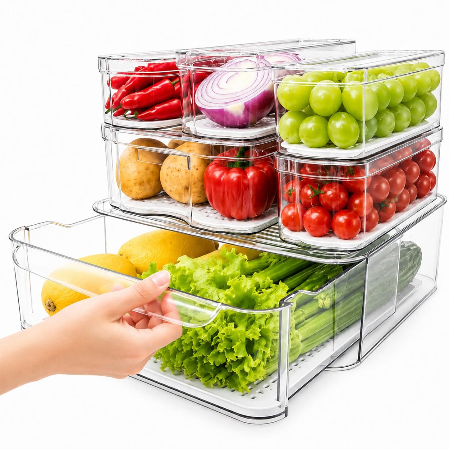 SMRCAD 6 Pack Refrigerator Organizers, Clear Pull-out Drawer Container and Organizer Bins with Lids, Stackable Storage Containers for Fruits, Vegetable (Set of 6 (Include Pull Out Drawer))