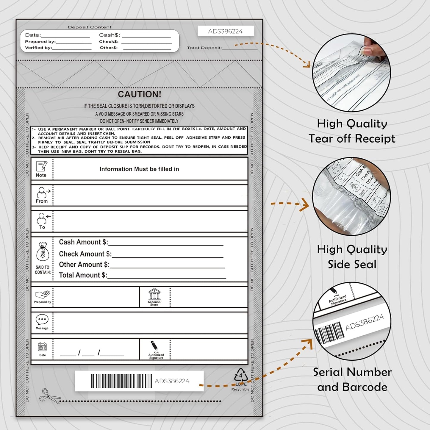 200 Pack TAGAD Bank Deposit Bags for Cash Handling & Cheque Deposit 9 x 12” | Tamper Evident with Tear-Off Receipt and Sequential Barcodes | Secure Money Bags for Business & Personal Use